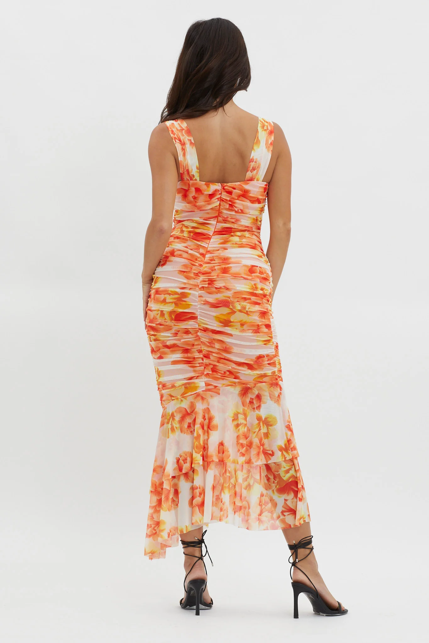 Nadia Ruched Fishtail Midi Dress Floral White