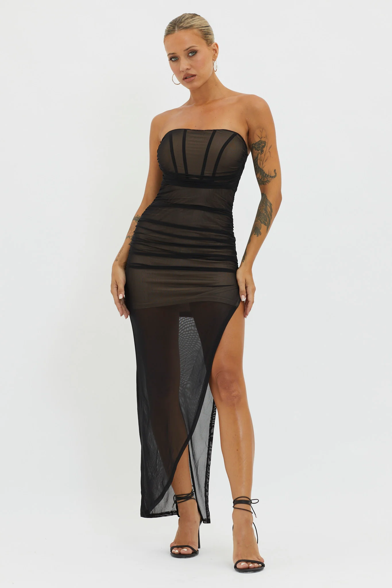 LA Nights Strapless Sheer Midi Dress Black/Nude