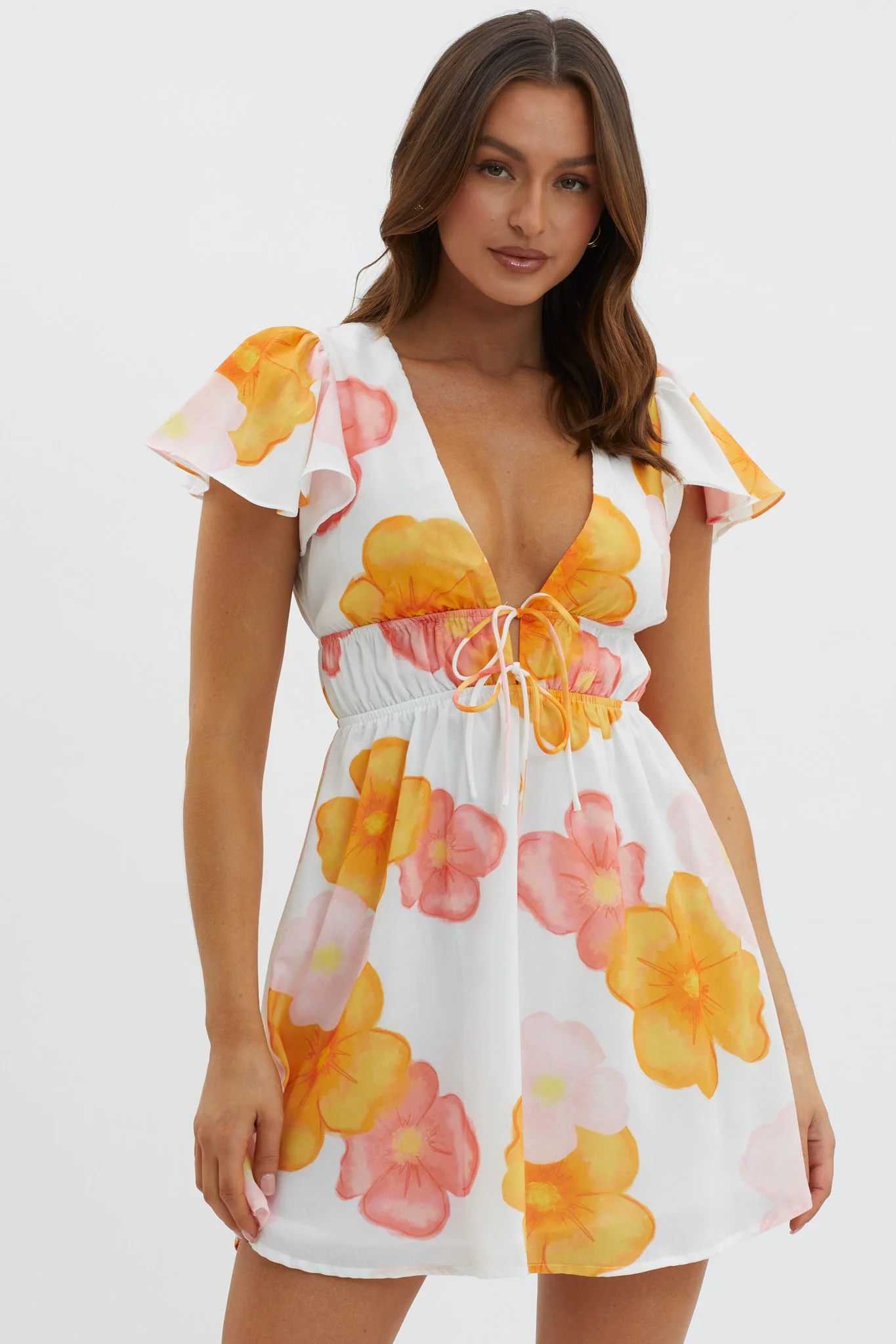 Carnivale Angel Sleeve Mini Dress Floral Orange