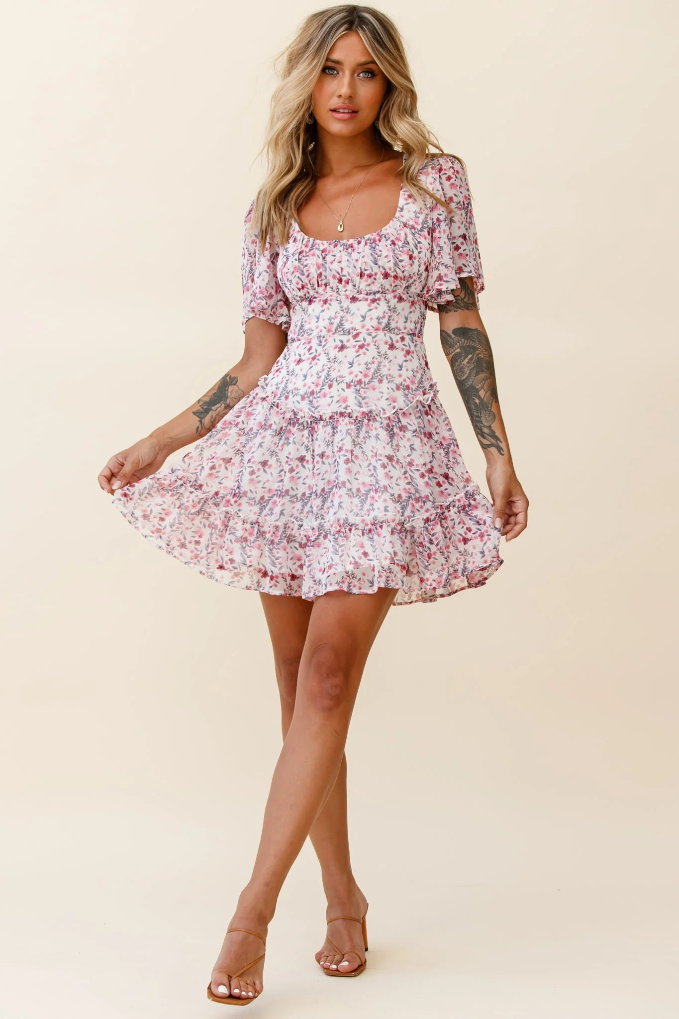 Stolen Moments Angel Sleeve Ruffle Dress Floral Print Pink Multi