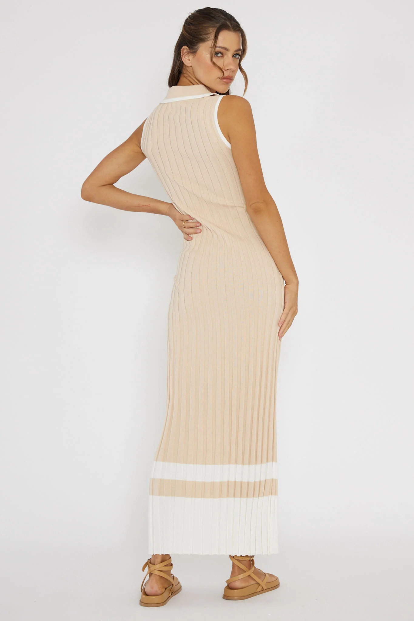 Cayla Button-Up Ribbed Knit Dress Sand