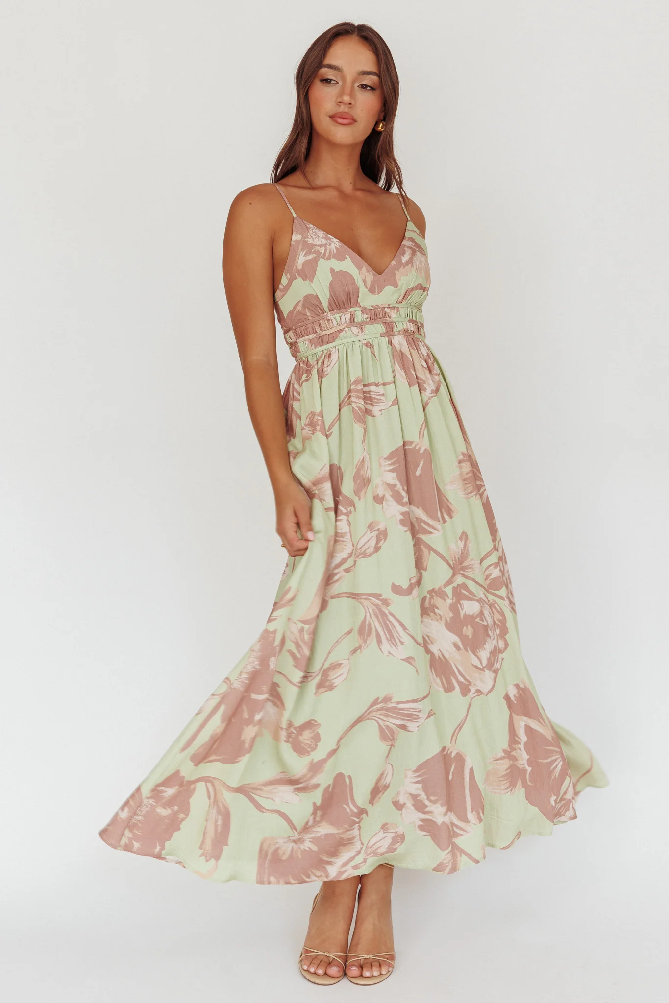 Sunny Afternoon Gathered Waist Maxi Dress Floral Sage