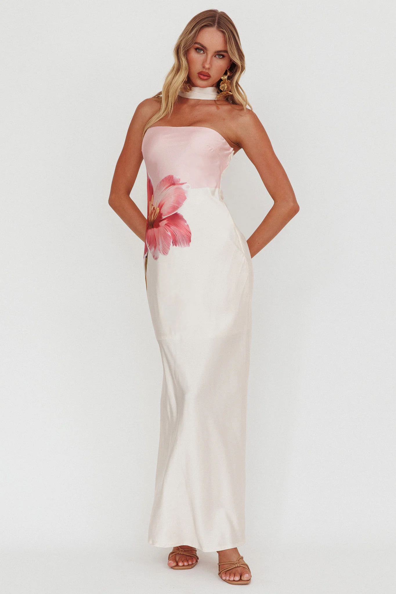 Damsel Reverse Halter Maxi Dress Flower Pink