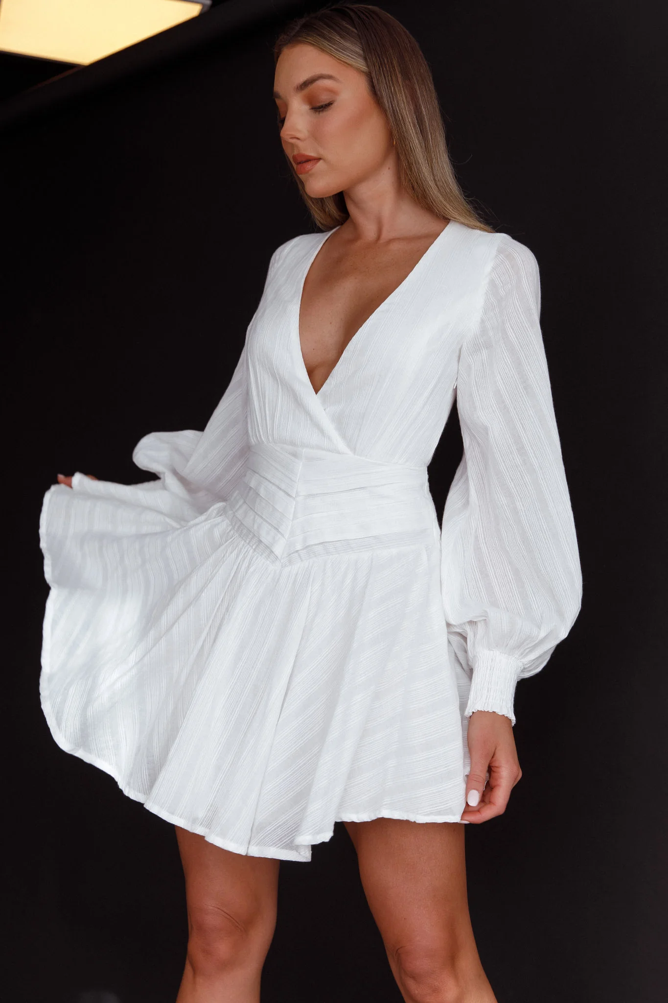 Sweet Escape Lantern Sleeve Pintuck Dress White
