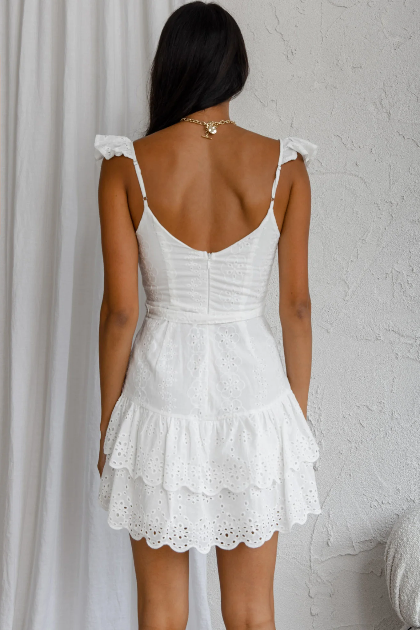Fairytale Ending Ruffle Strap Eyelet Dress White