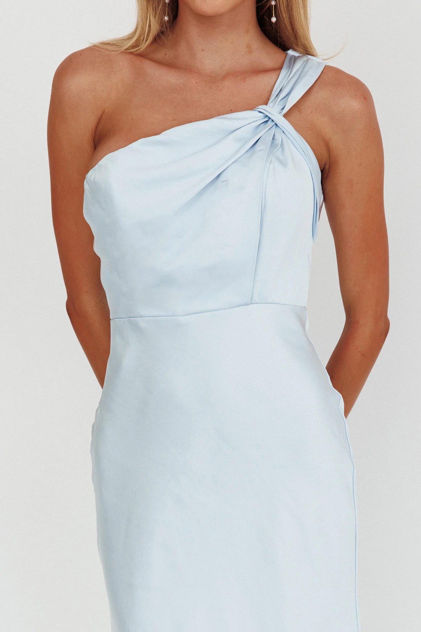 Fly Love Satin One Shoulder Maxi Dress Sky Blue