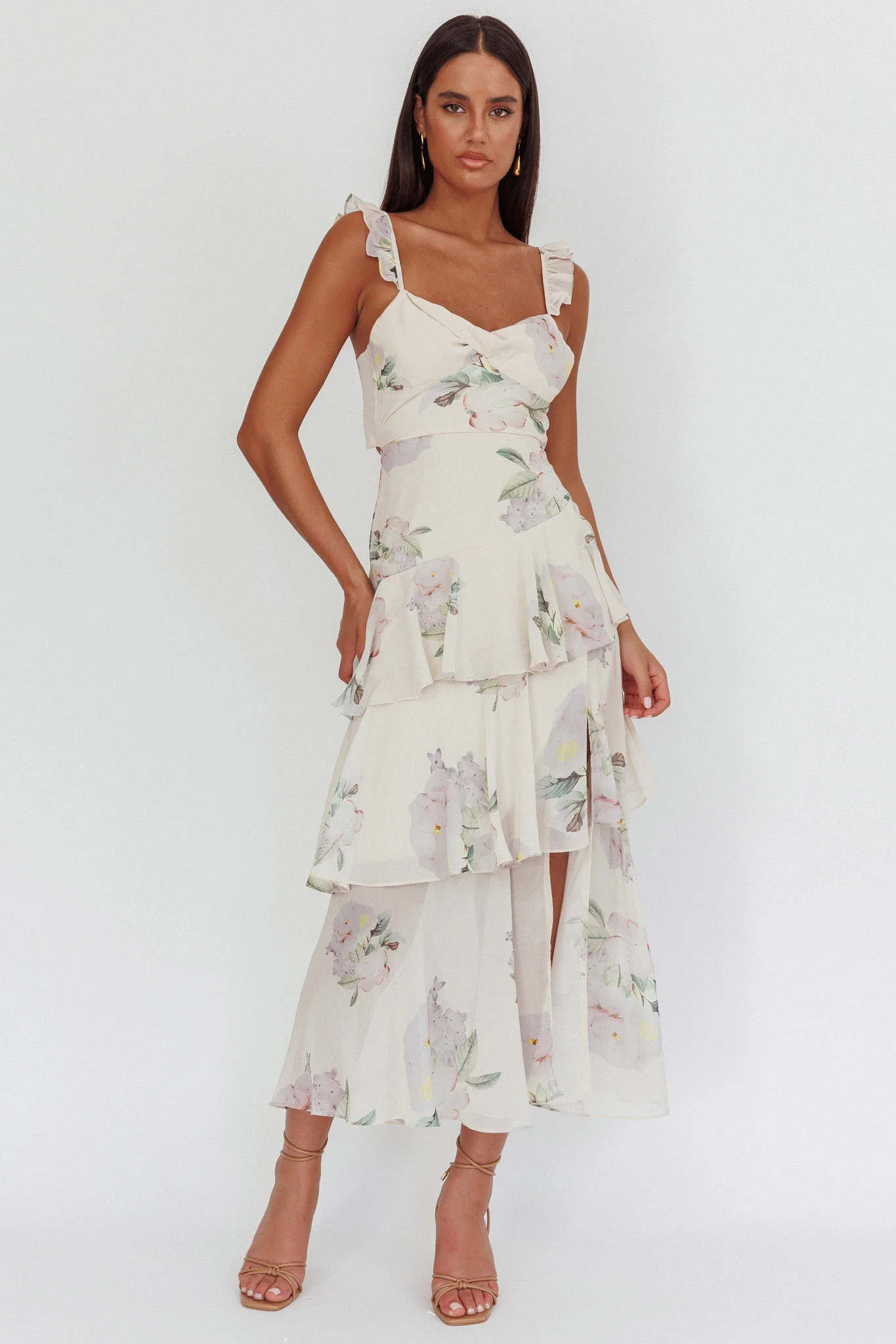 Veda Ruffle Strap Split Maxi Dress Magnolia Cream