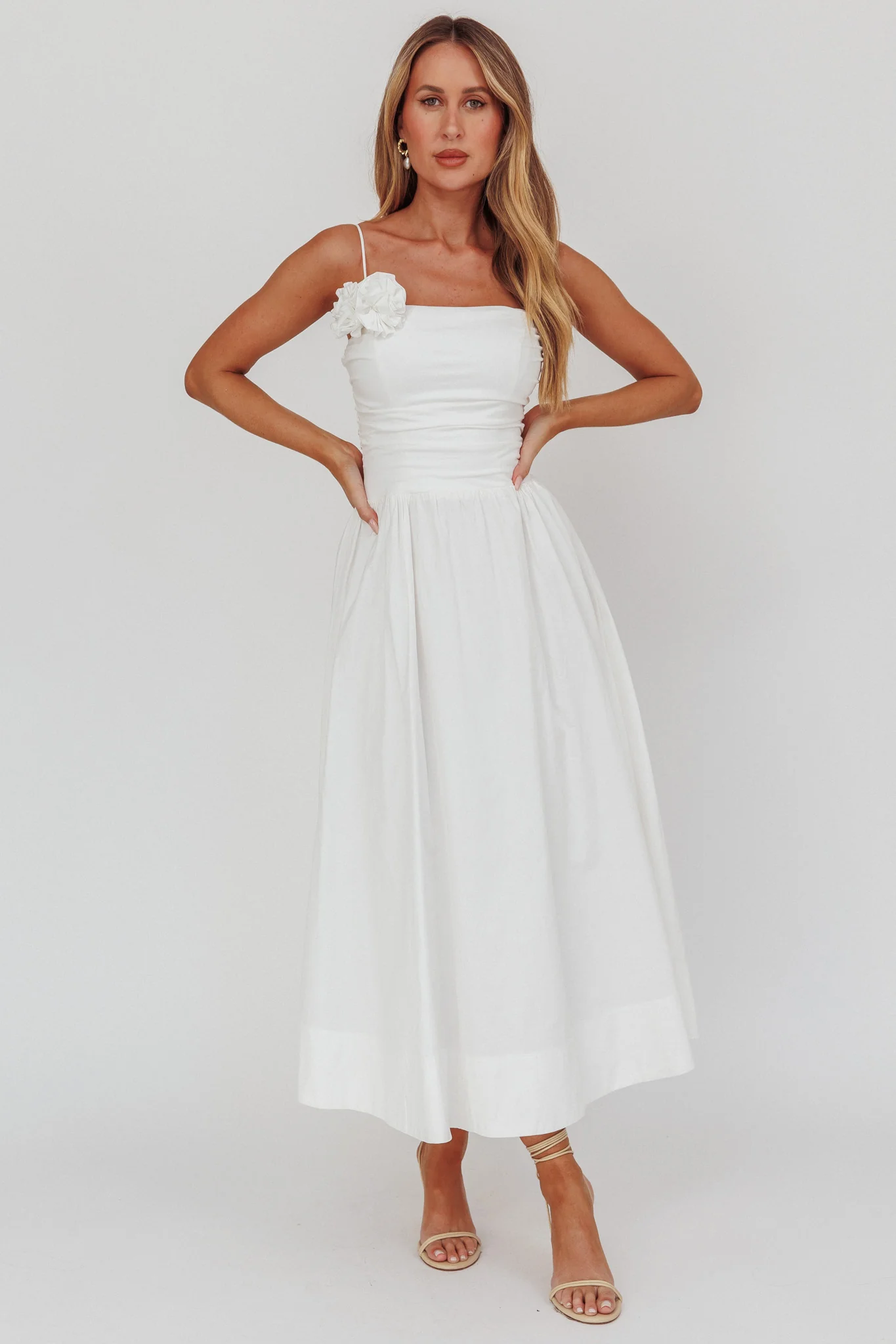 Ezrah A-Line Rosette Maxi Dress White