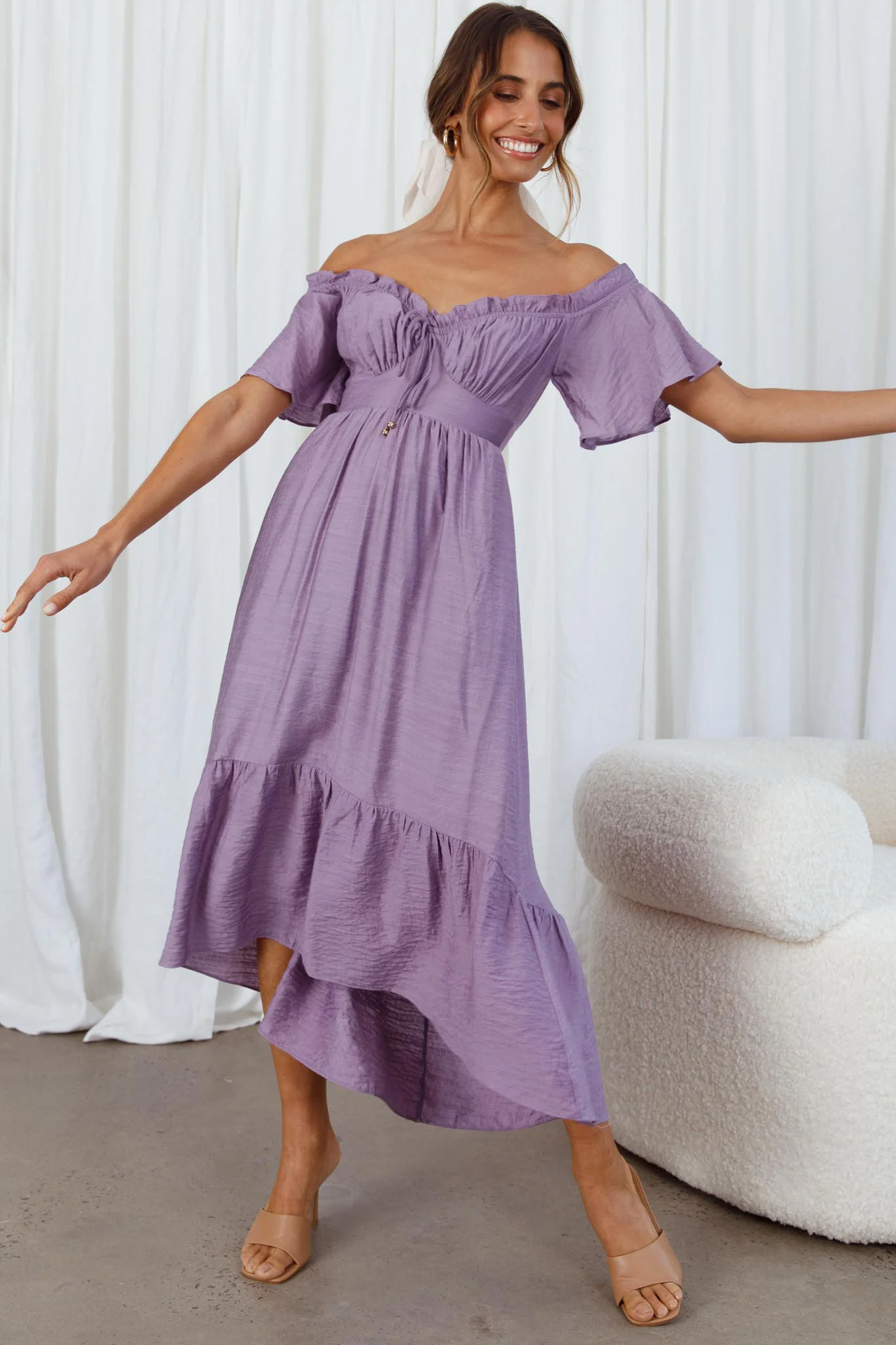 Dandelion Off-Shoulder Tied Back Midi Dress Purple