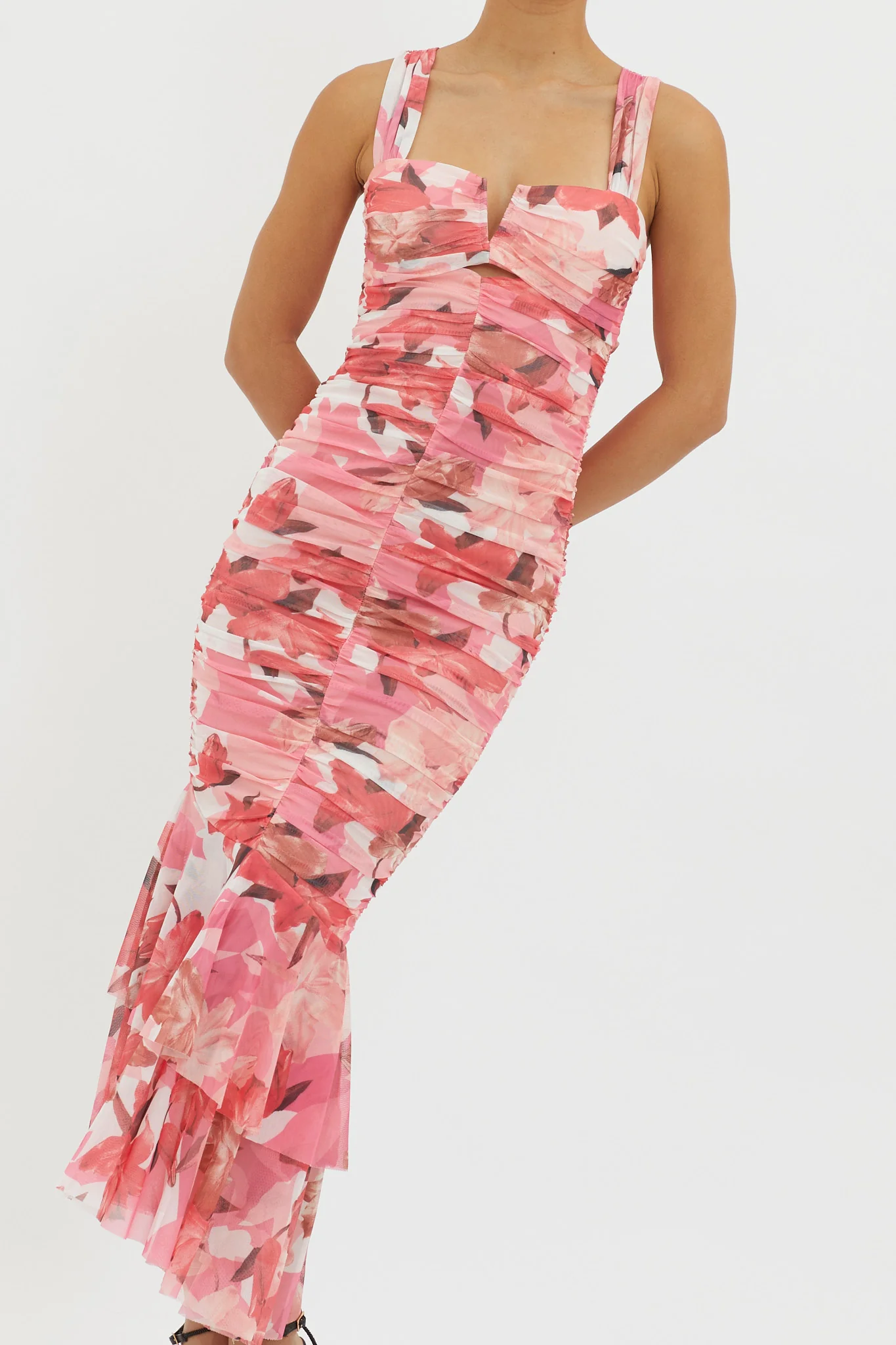 Nadia Ruched Fishtail Midi Dress Floral Pink