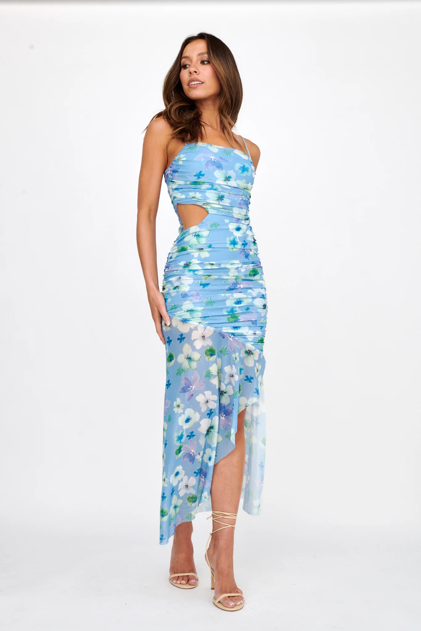 Kindred Soul Ruched Mesh Midi Dress Floral Blue