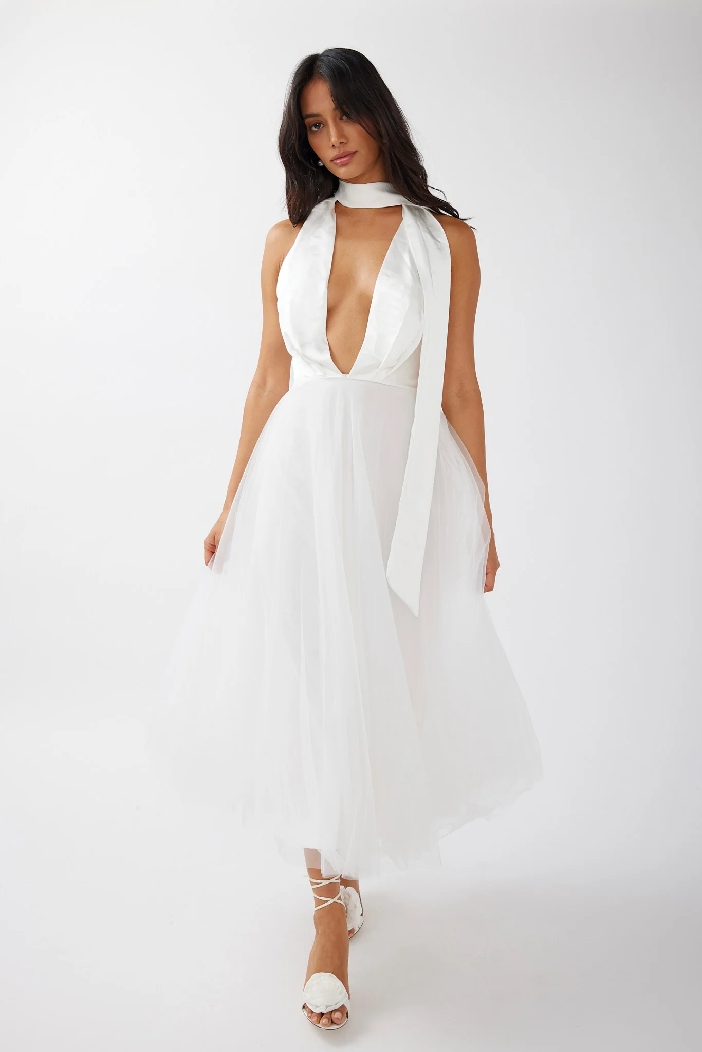 Darci Plunging Neckline Tulle Midi Dress White
