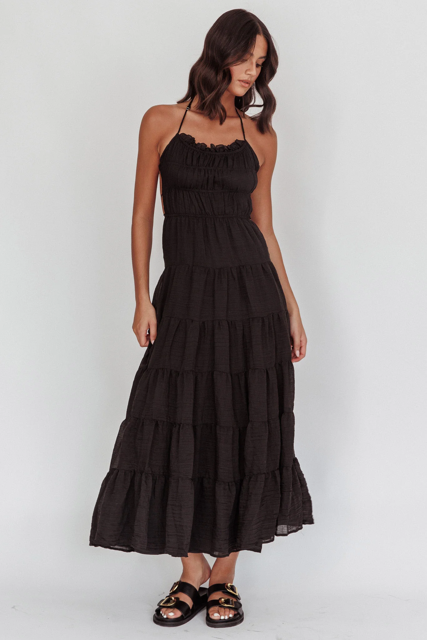 On A High Open Back Maxi Dress Black