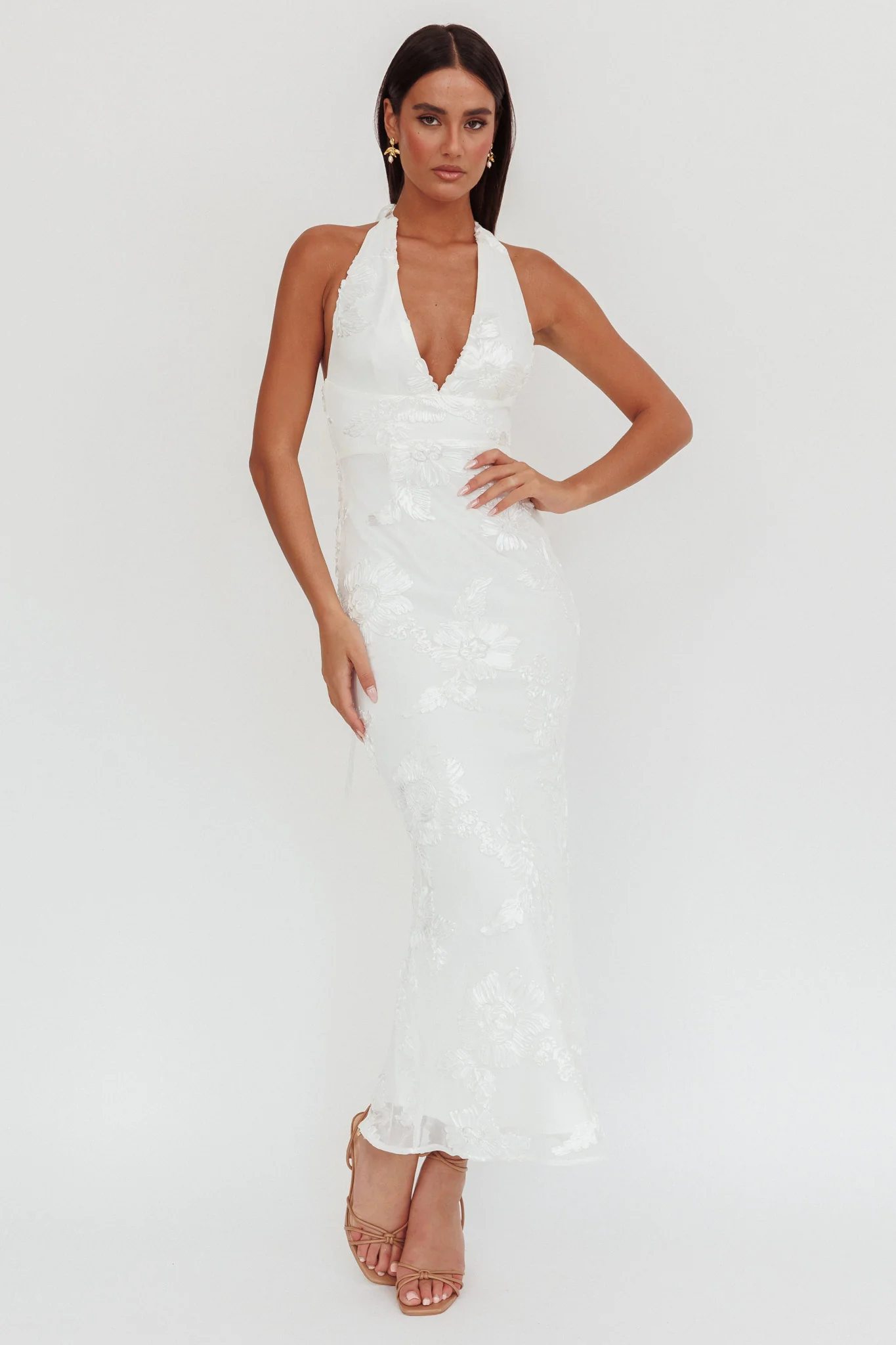 Cipriana Backless Halter Maxi Dress Embellished White