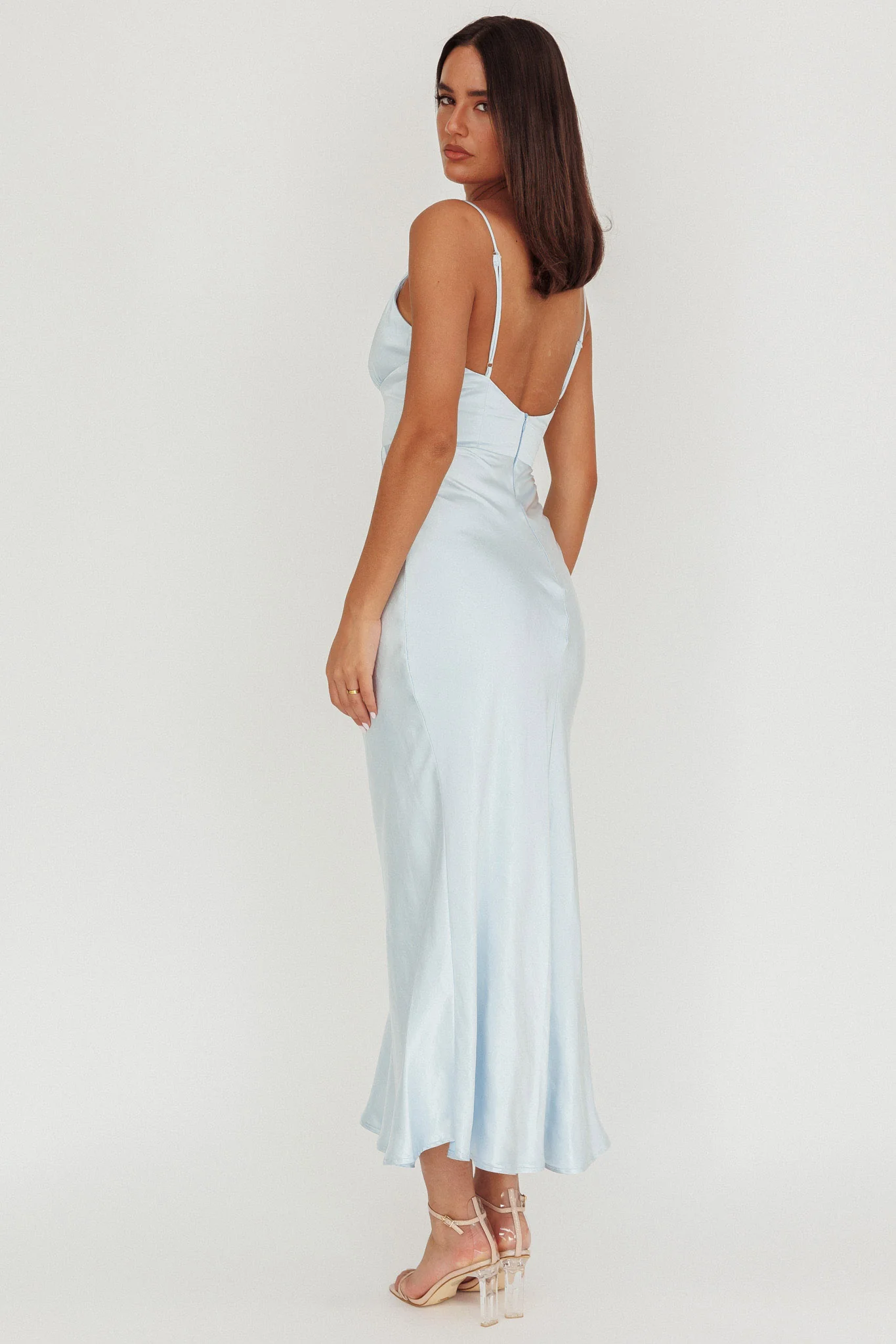 Hold Me Satin Backless Maxi Dress Ice Blue