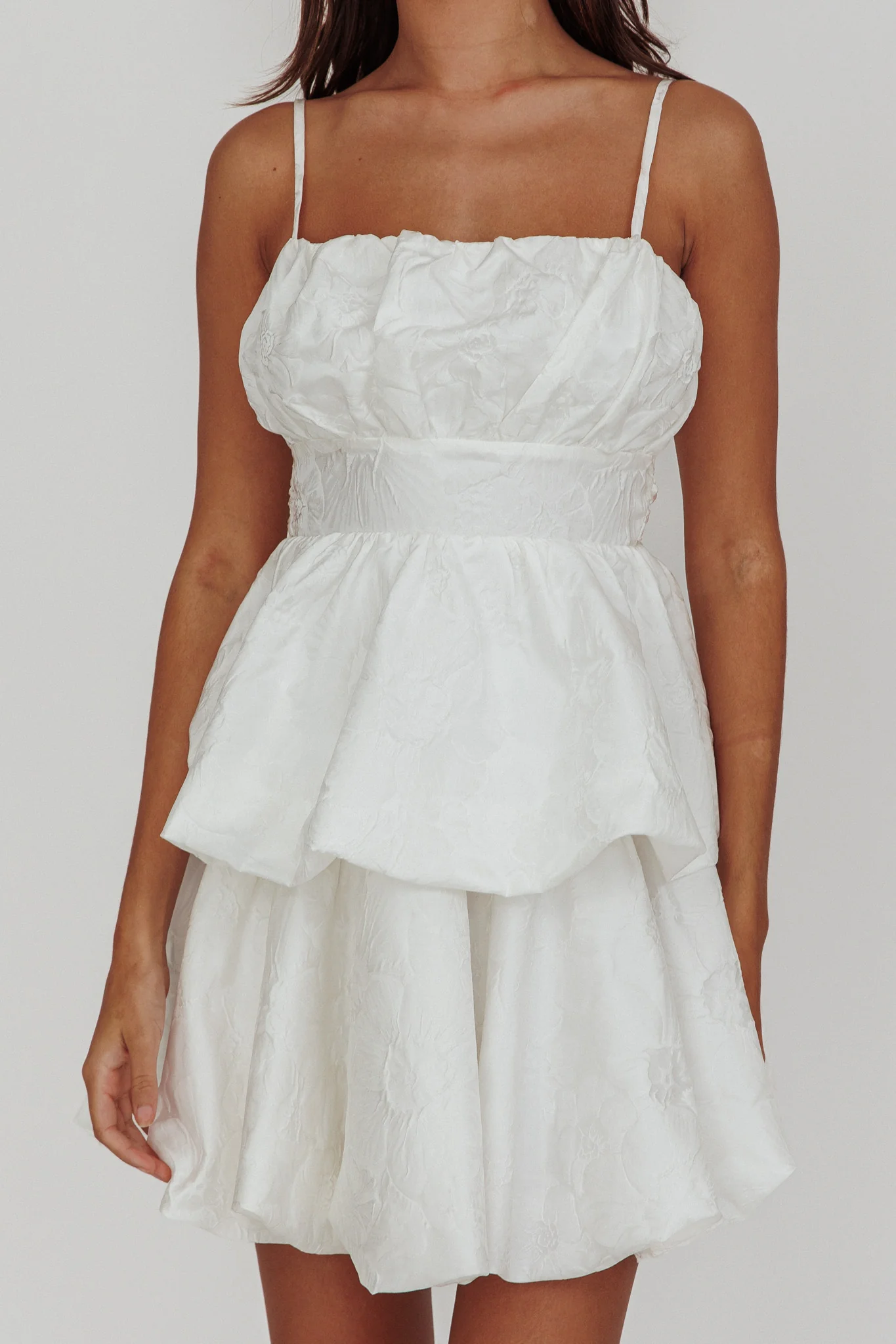 Zilara Bubble Hem Bow Mini Dress Jacquard White