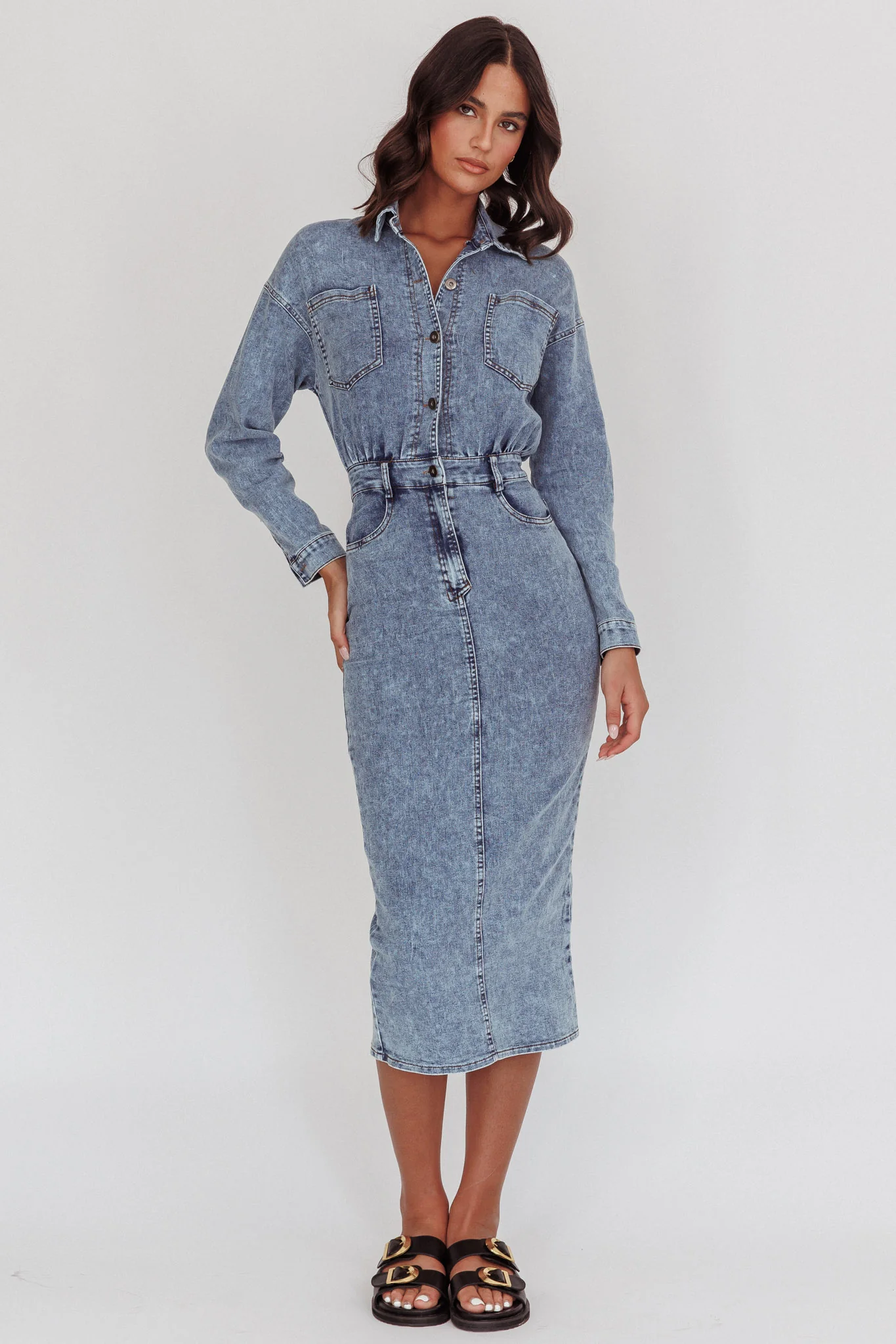 Light Inside Long Sleeve Midi Dress Denim Blue
