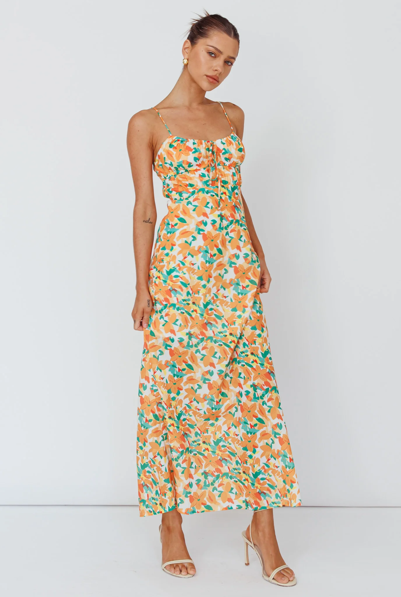 Solstice Noon Tied Bust Midi Dress Print Orange