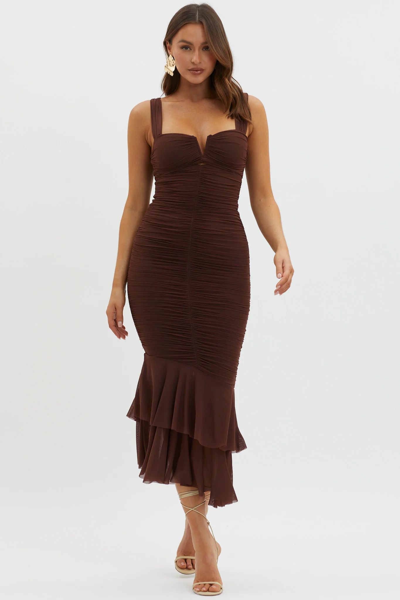 Nadia Ruched Fishtail Maxi Dress Chocolate