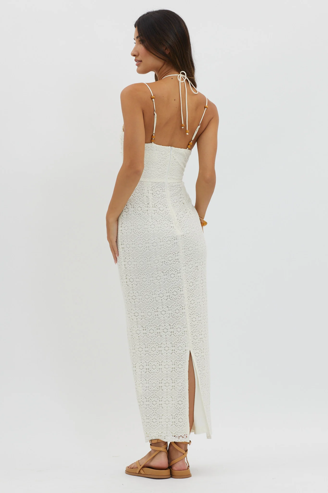 Namaste Bead Strap Lace Midi Dress White