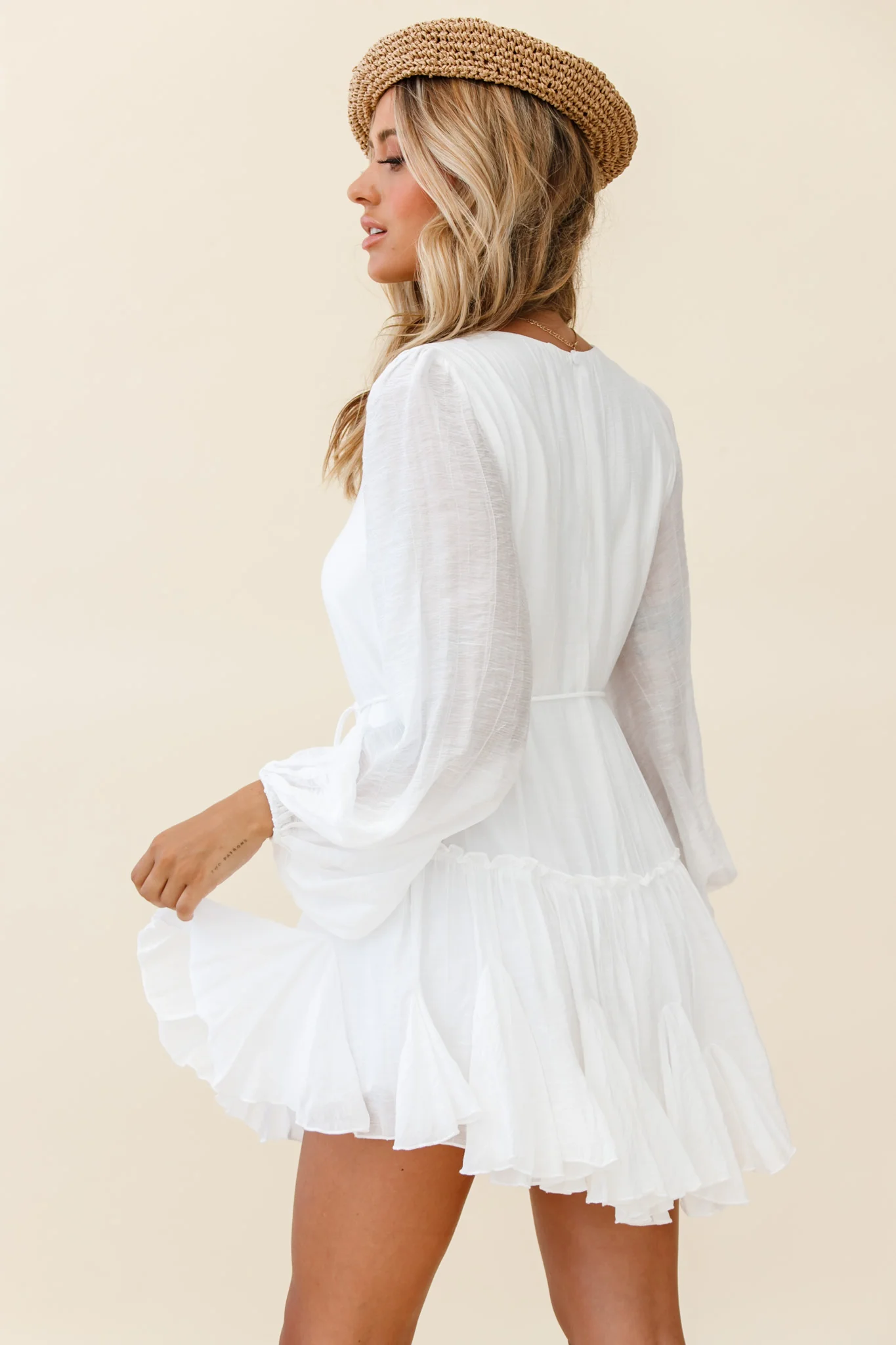 Rosabel Balloon Sleeve Fluted Hem Dress White
