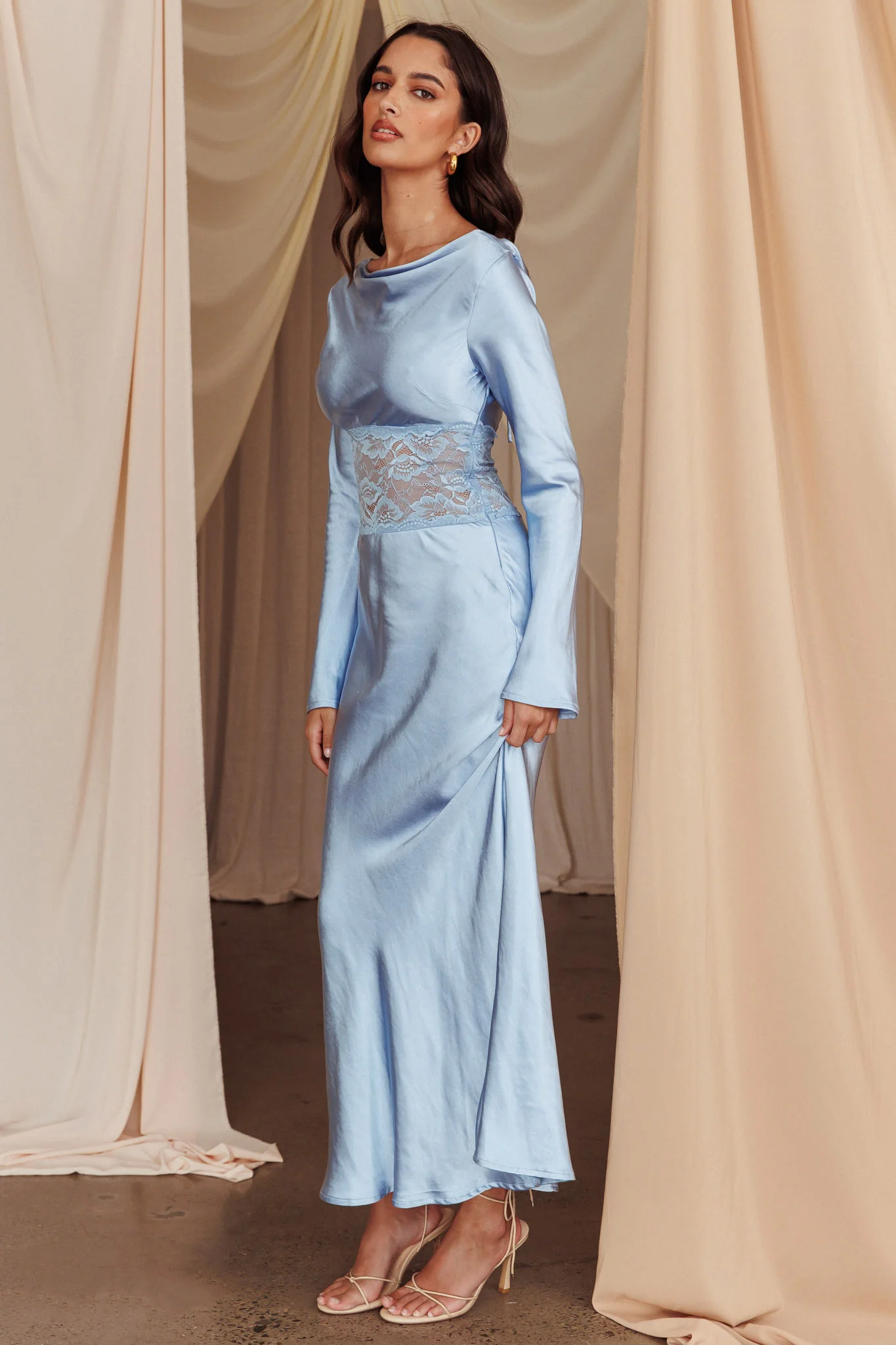 Loveland Lace Insert Cowl Back Dress Blue