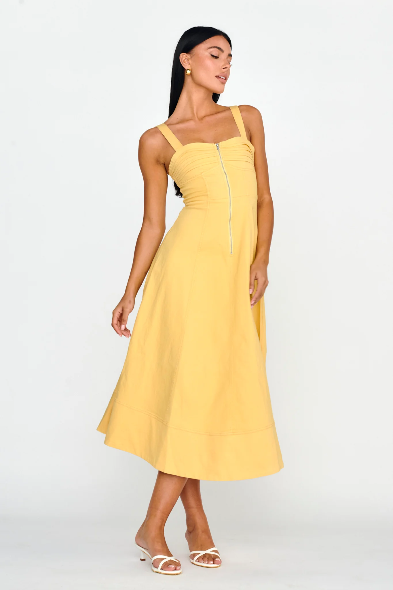 Emilio Pleated Bust A-Line Midi Dress Yellow