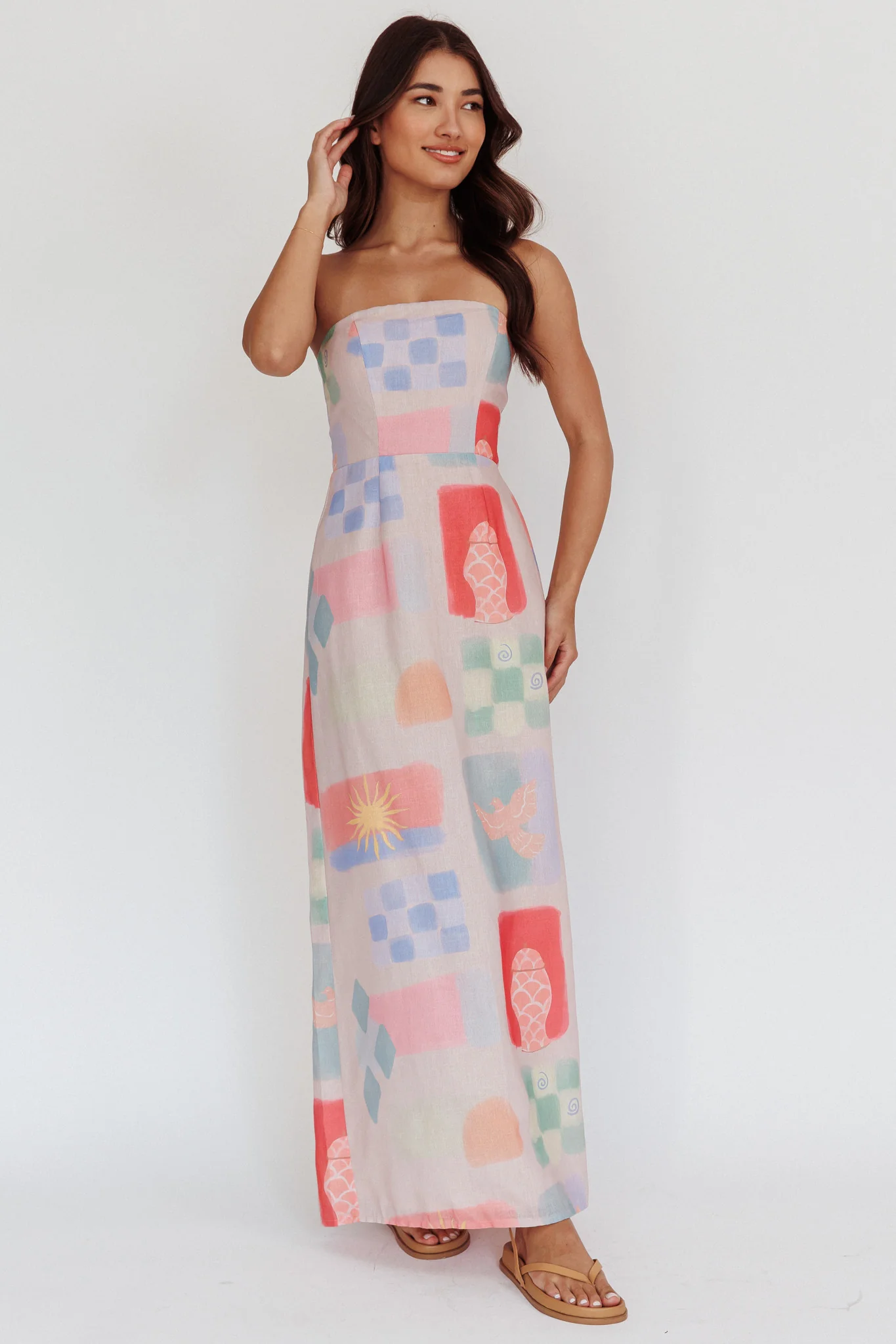 Eastern Sun Strapless Abstract Print Maxi Dress Multi