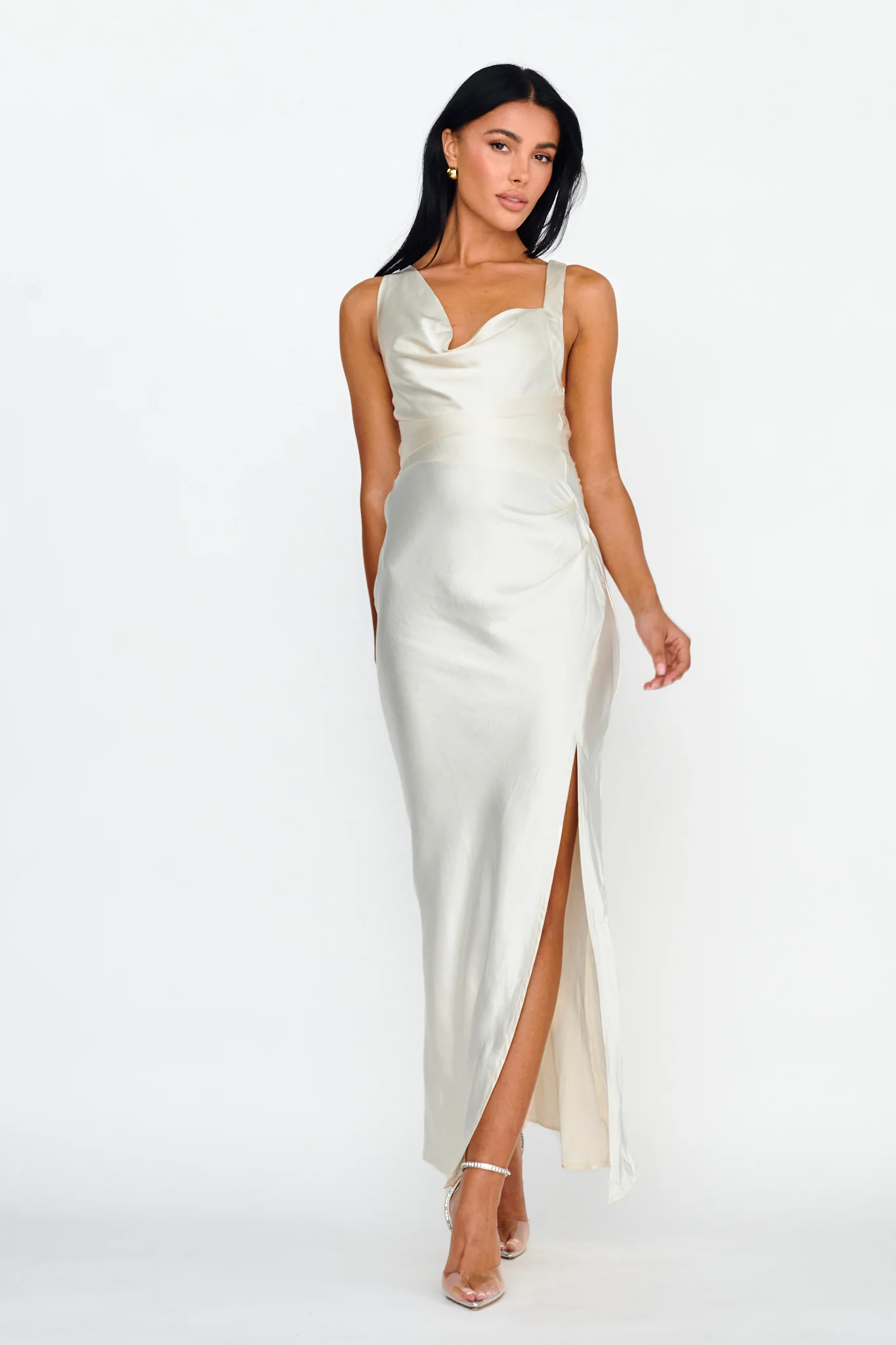 Midnight Sun Asymmetrical Strap Maxi Dress Oyster