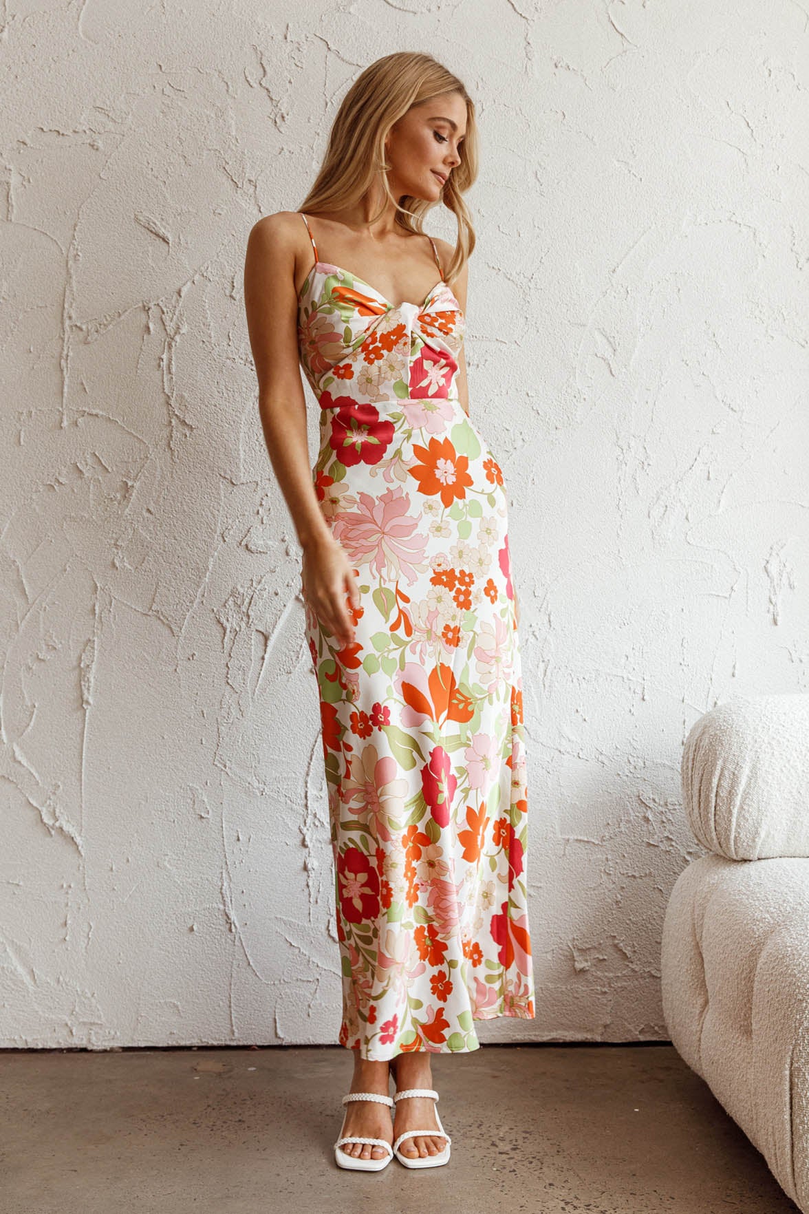 Sea Change Twist Bust Midi Dress Floral White