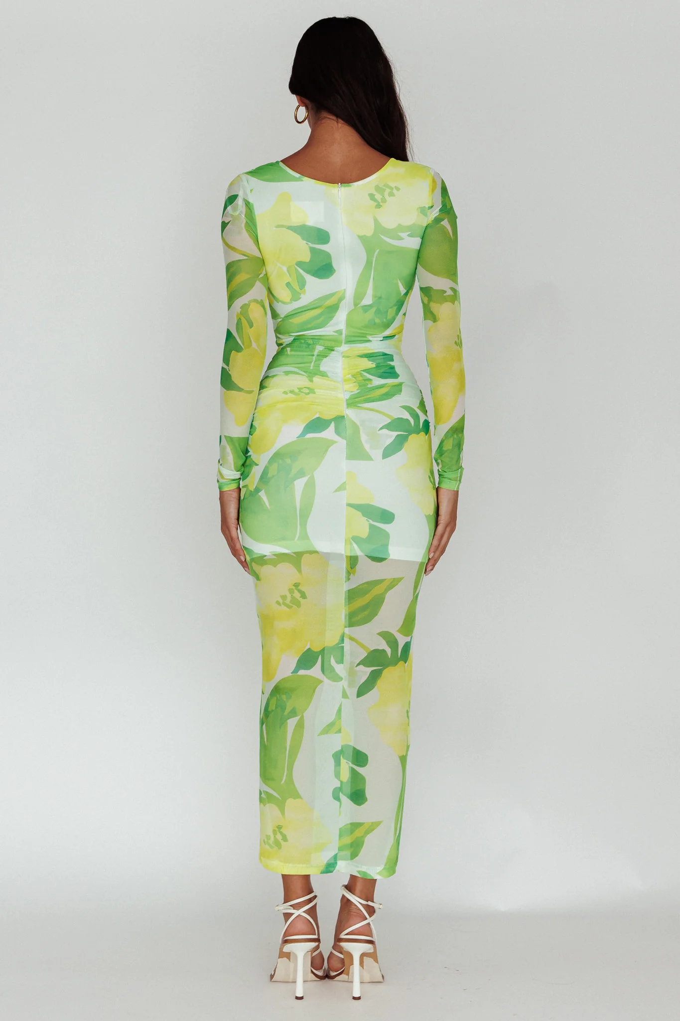 Chardae Long Sleeve Mesh Midi Dress Floral Green