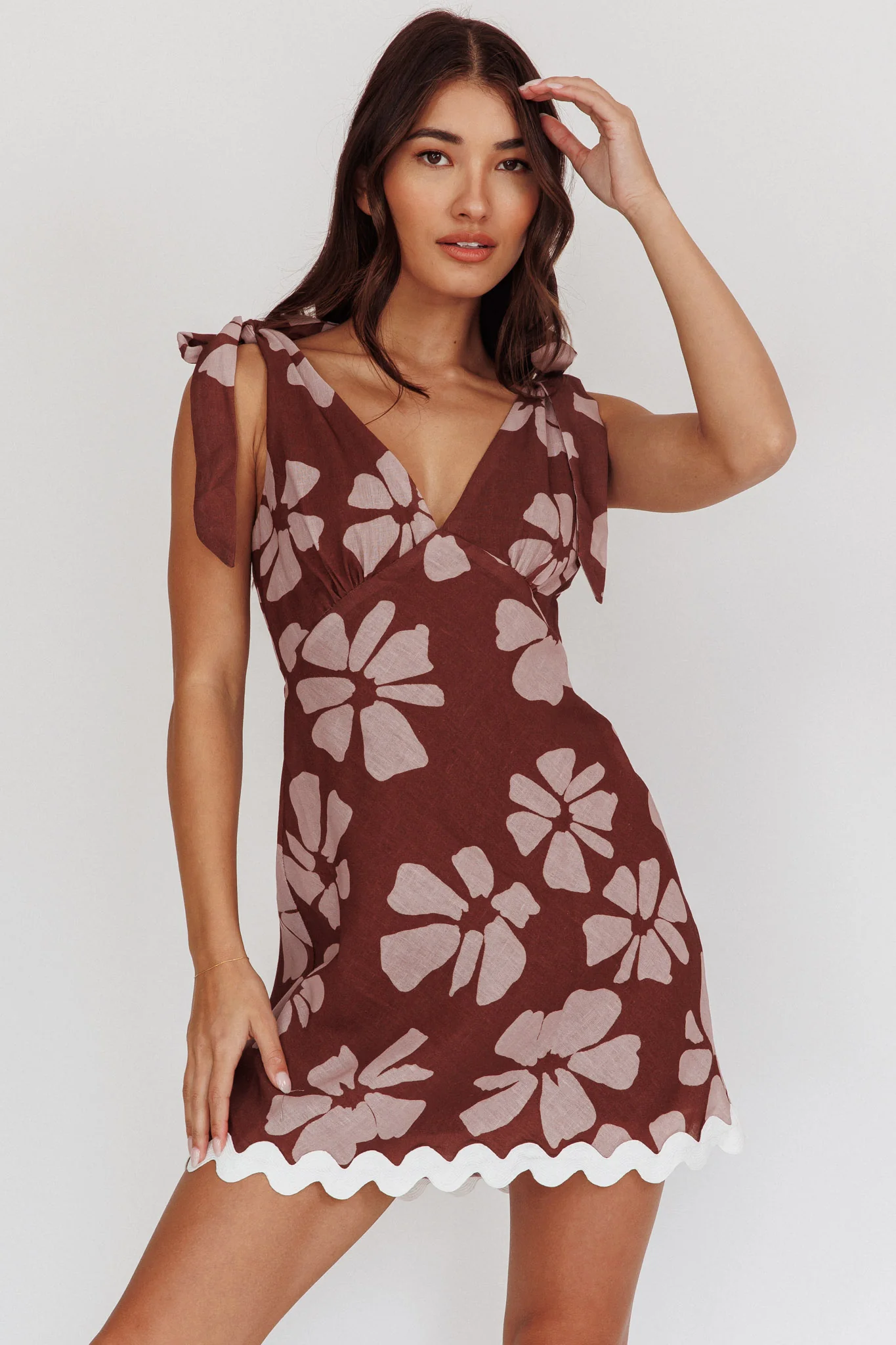 Mykonos Morning Tied Shoulder Mini Dress Floral Brown