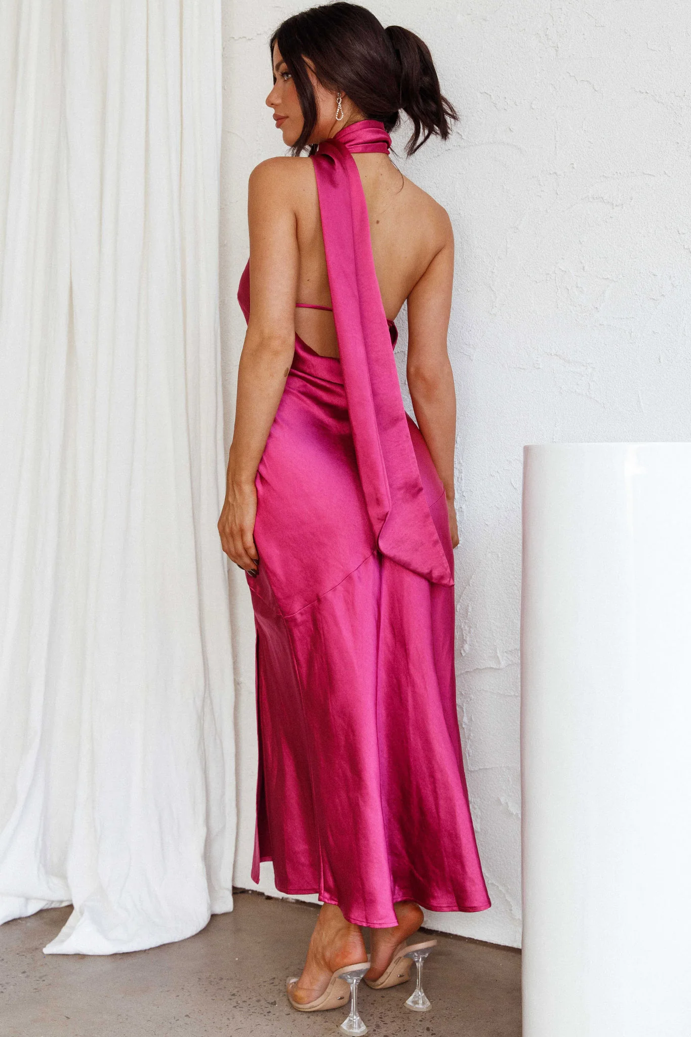 Italian Summer Tie Neck Midi Dress Fuchsia