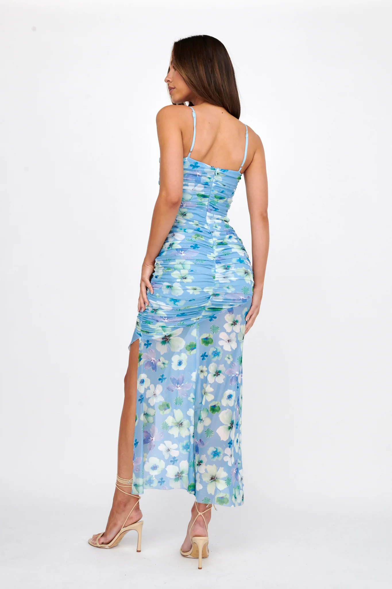 Kindred Soul Ruched Mesh Midi Dress Floral Blue
