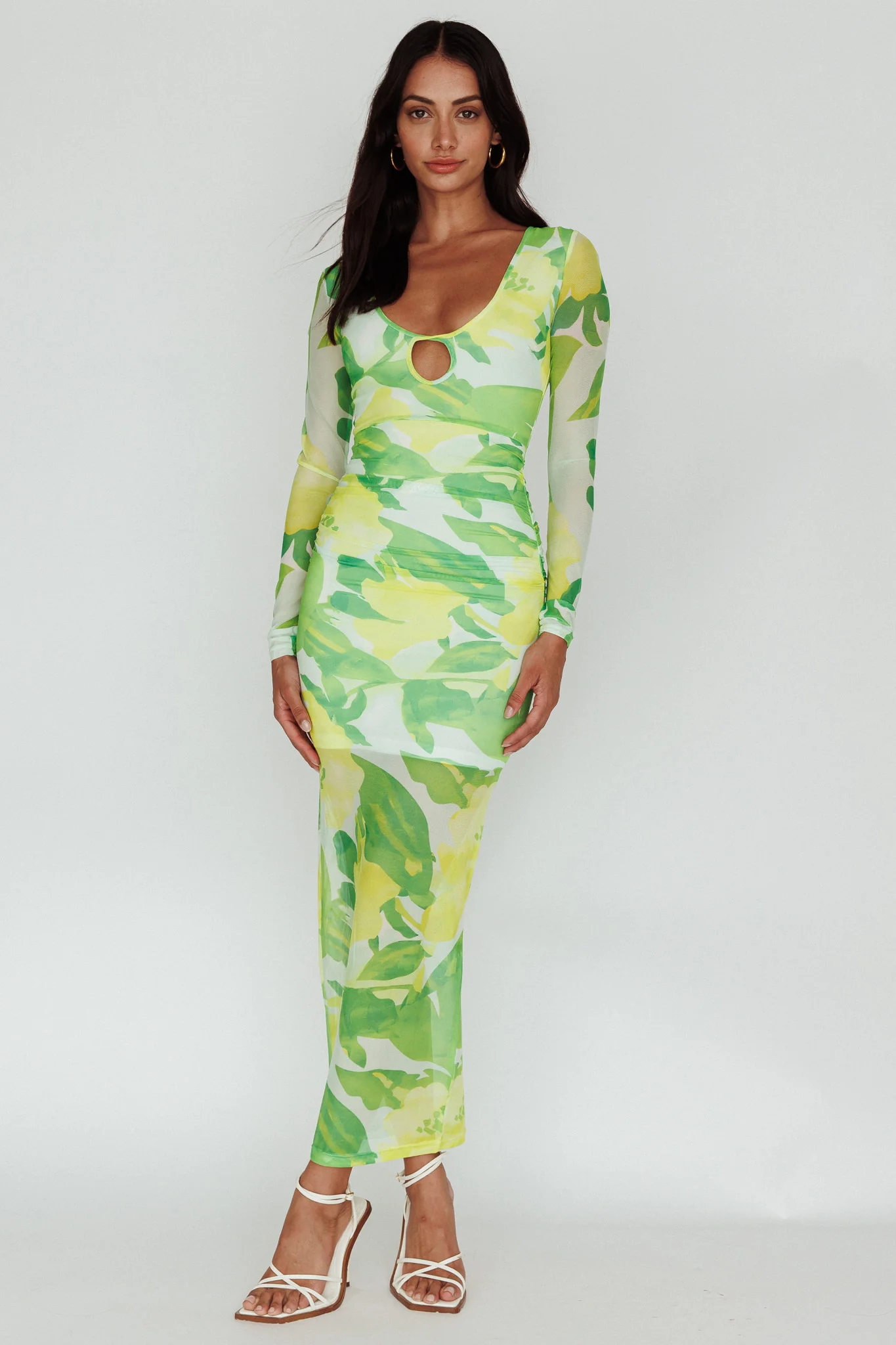 Chardae Long Sleeve Mesh Midi Dress Floral Green