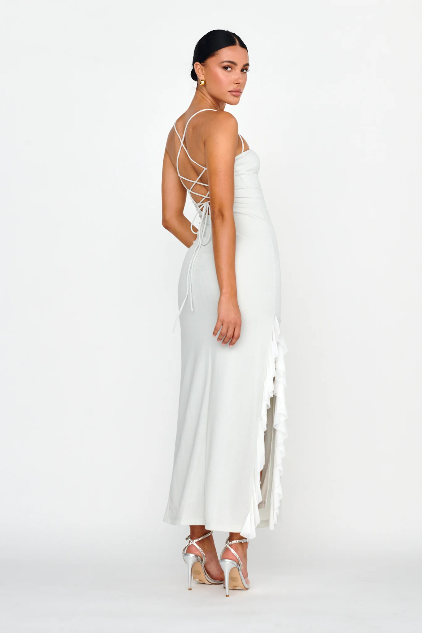 Rosilyn Split Ruffle Midi Dress Silver