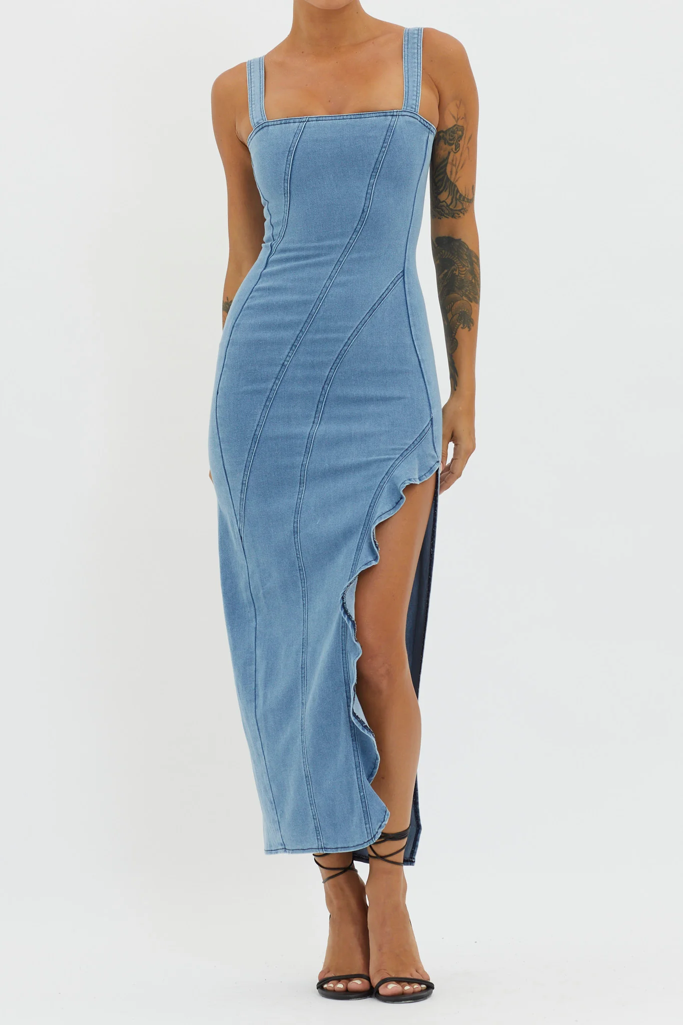 Catriona Ruffle Split Midi Dress Denim