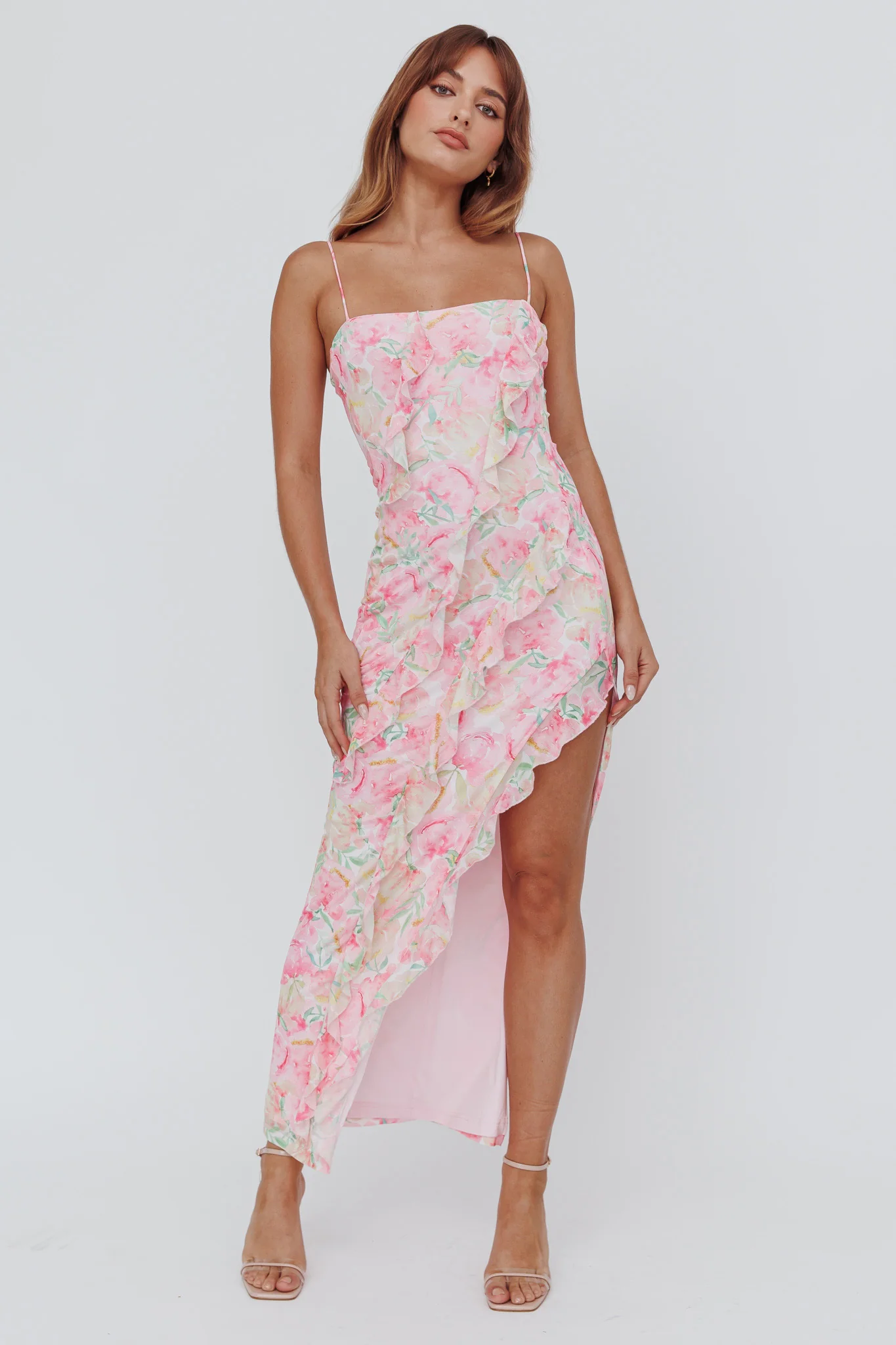 Catriona Split Ruffle Midi Dress Floral Yellow