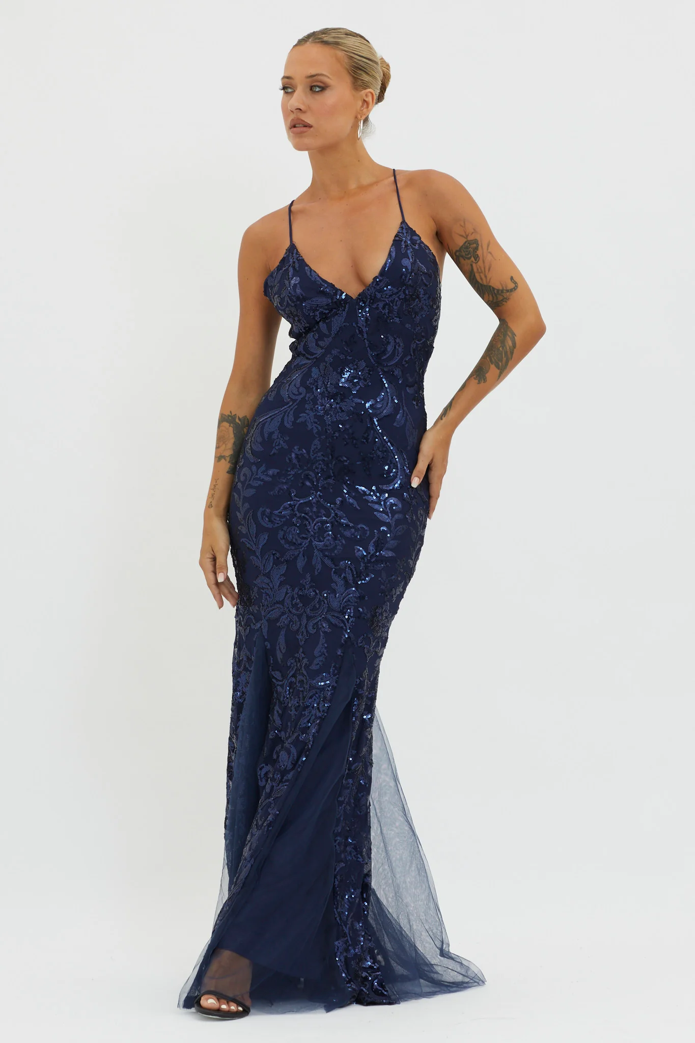 Serenade Song Godet Hem Sequin Maxi Dress Navy