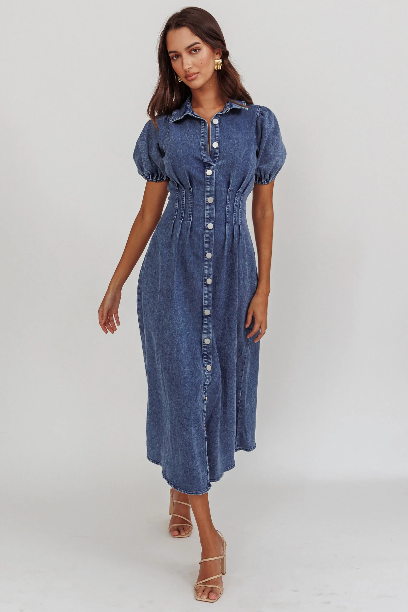 Zurich Pleated Waist Midi Dress Denim Dark Blue