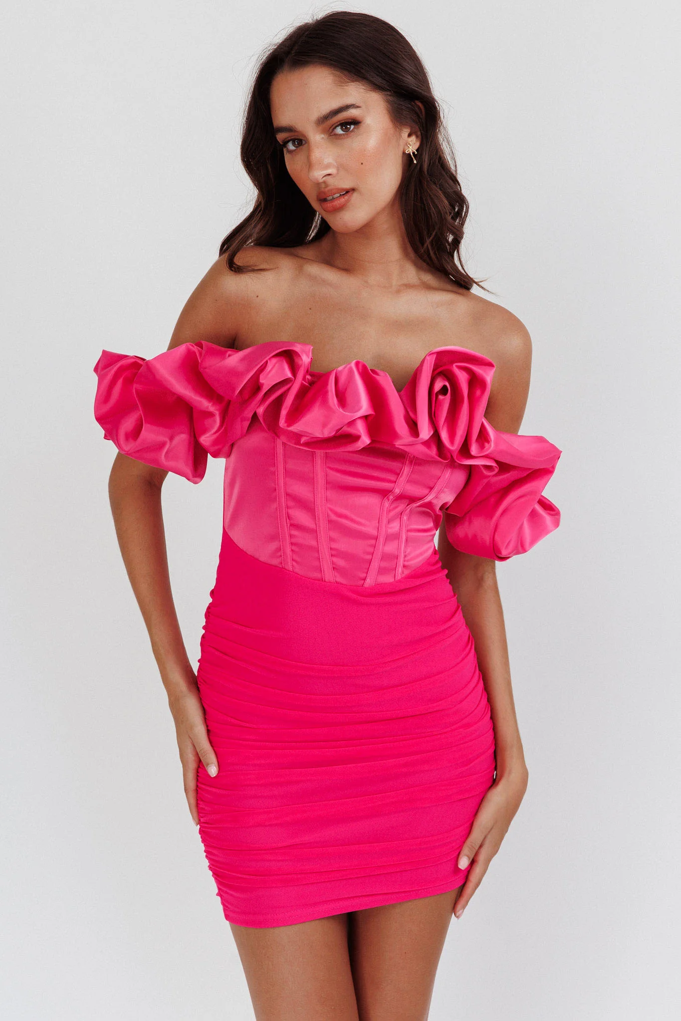 Arista Off-Shoulder Ruched Mini Dress Hot Pink