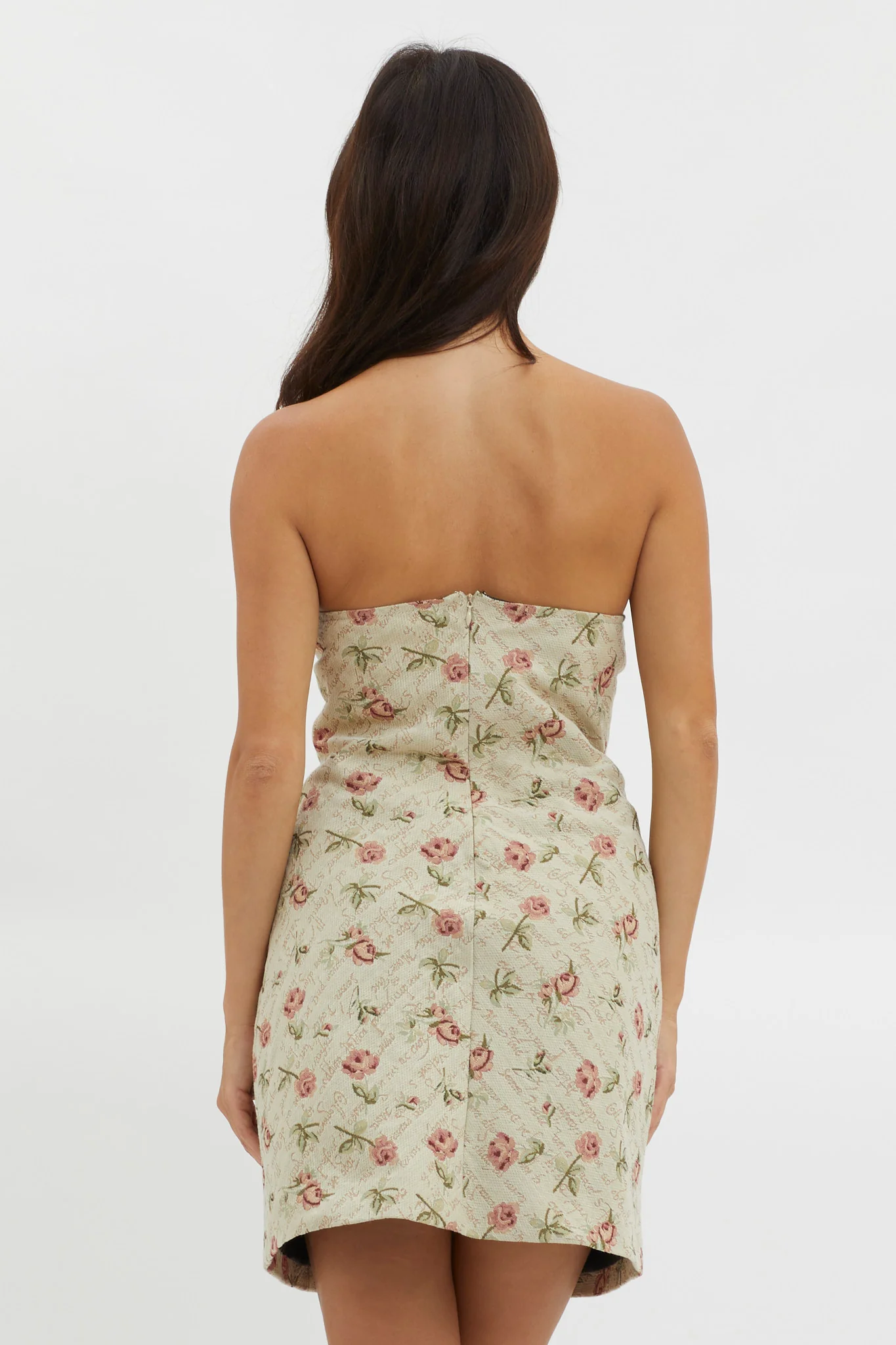 C'est Belle Strapless Lace Trim Mini Dress Beige Floral