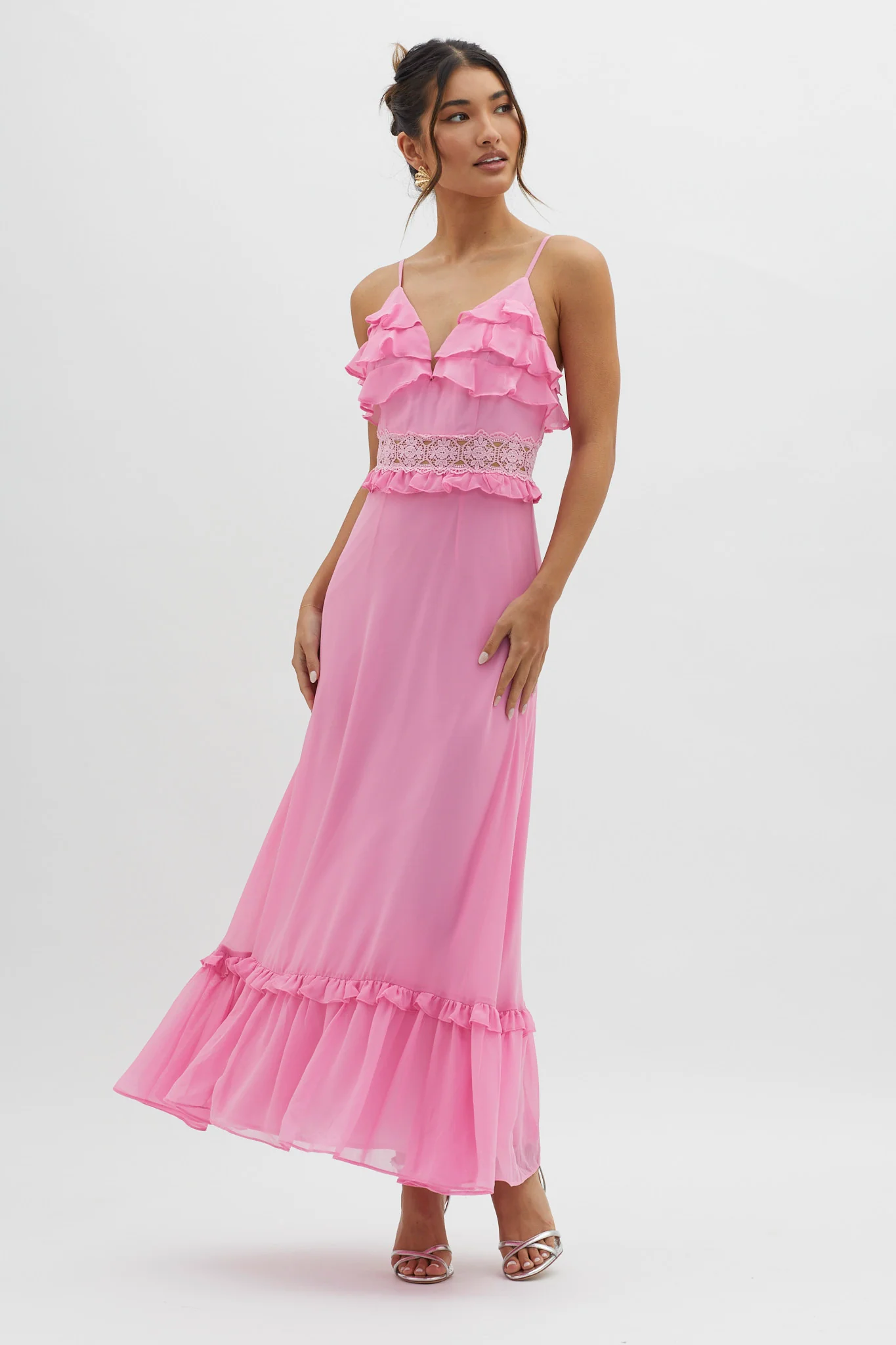 Spirited Ruffle Bust Maxi Dress Pink
