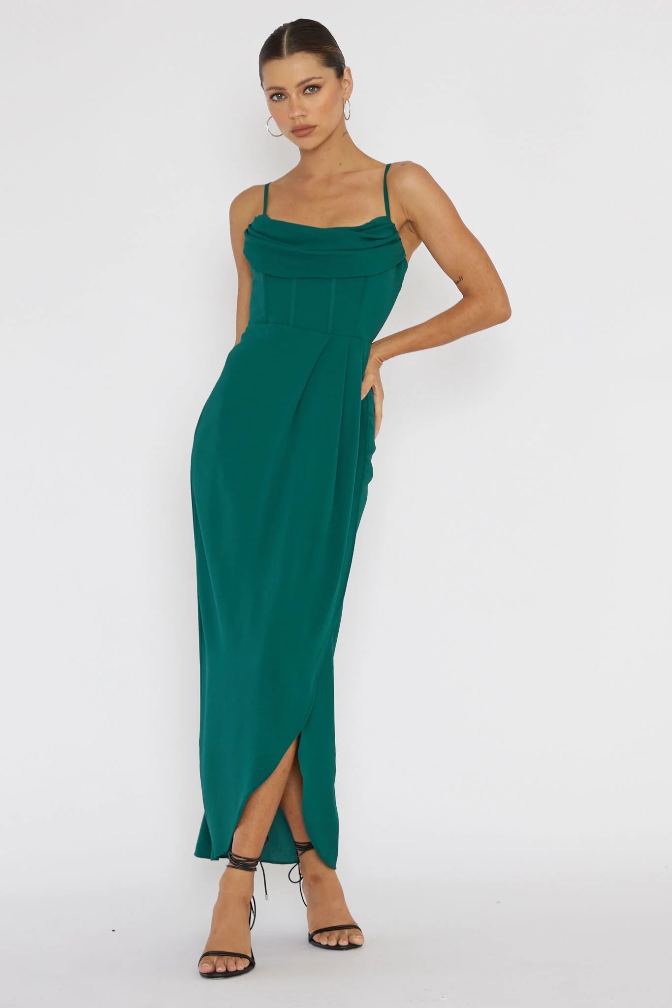 Patrice Draped Neck Split Midi Dress Forest Green