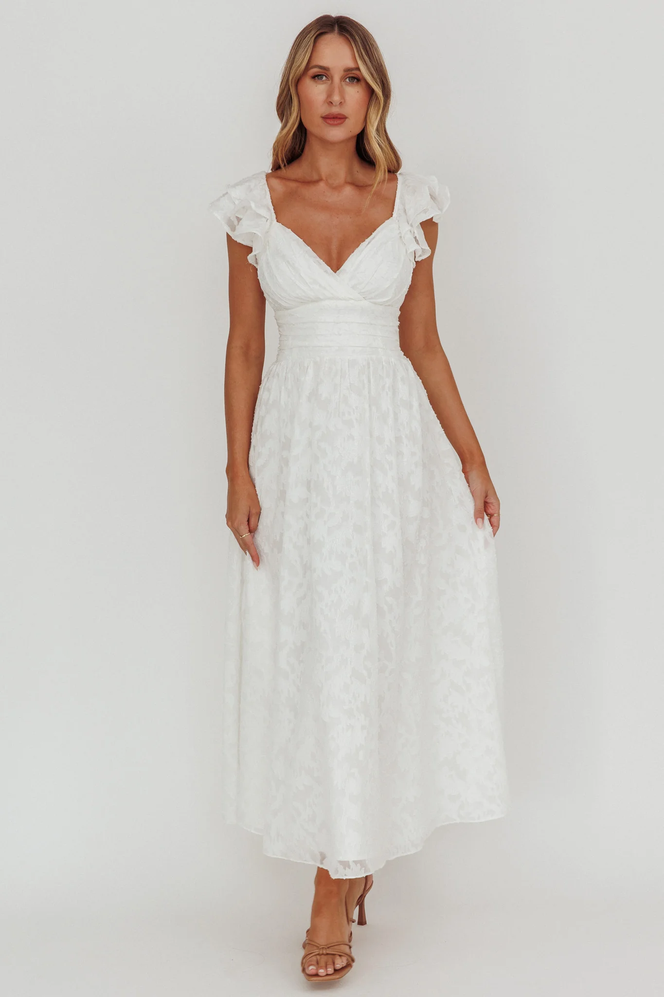 Lola Ruffle Shoulder Maxi Dress Textured White