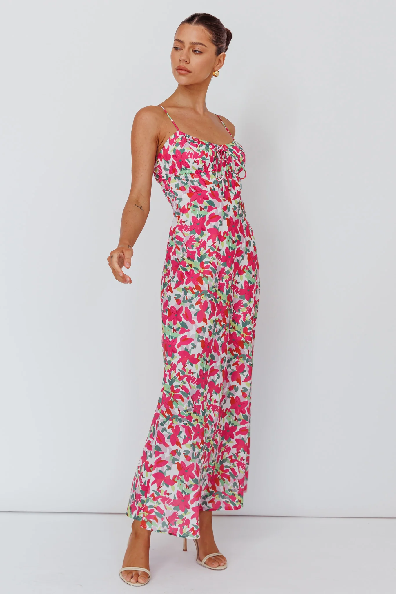 Solstice Noon Tied Bust Midi Dress Print Pink