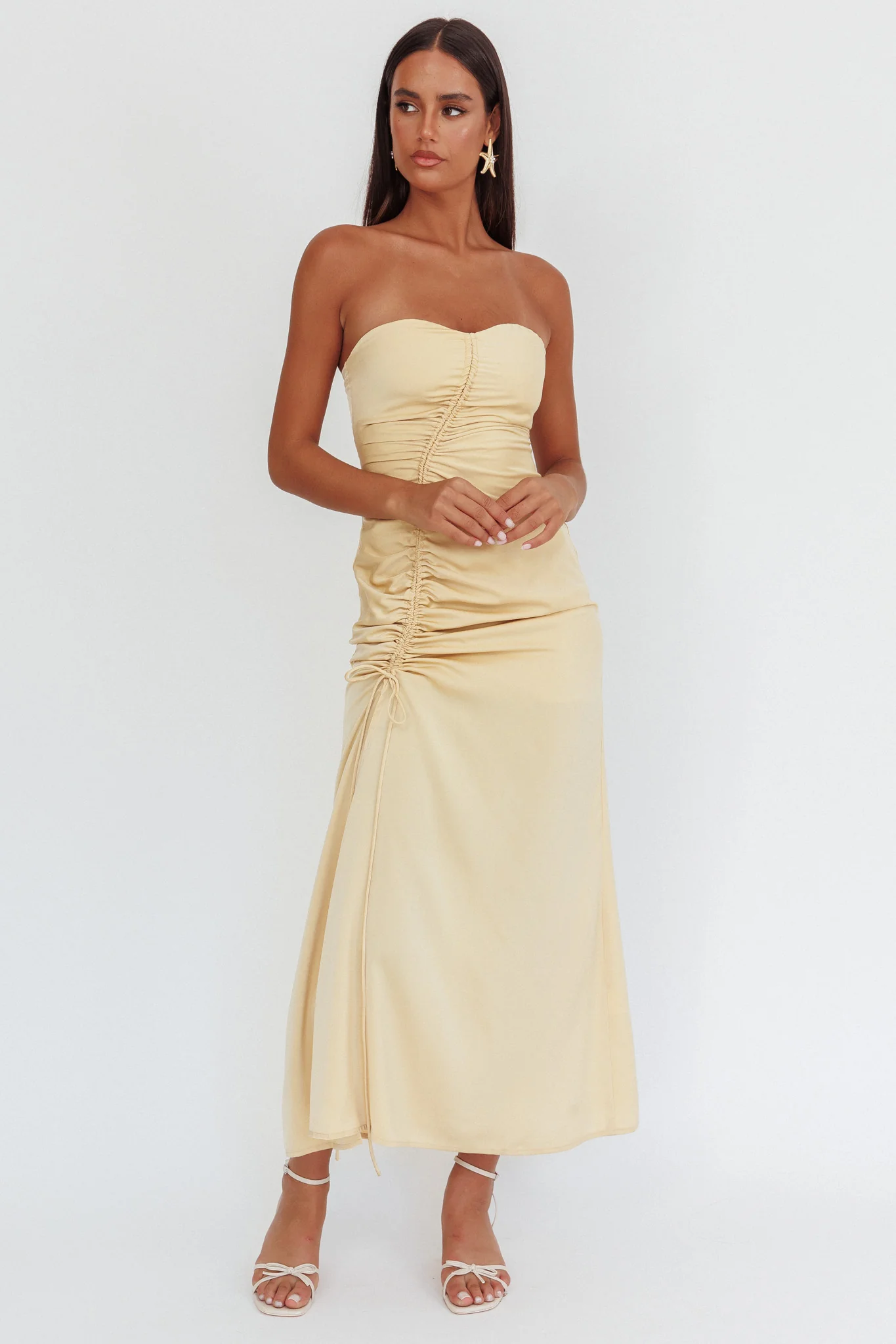 Molinda Strapless Ruched Drawstring Maxi Dress Golden