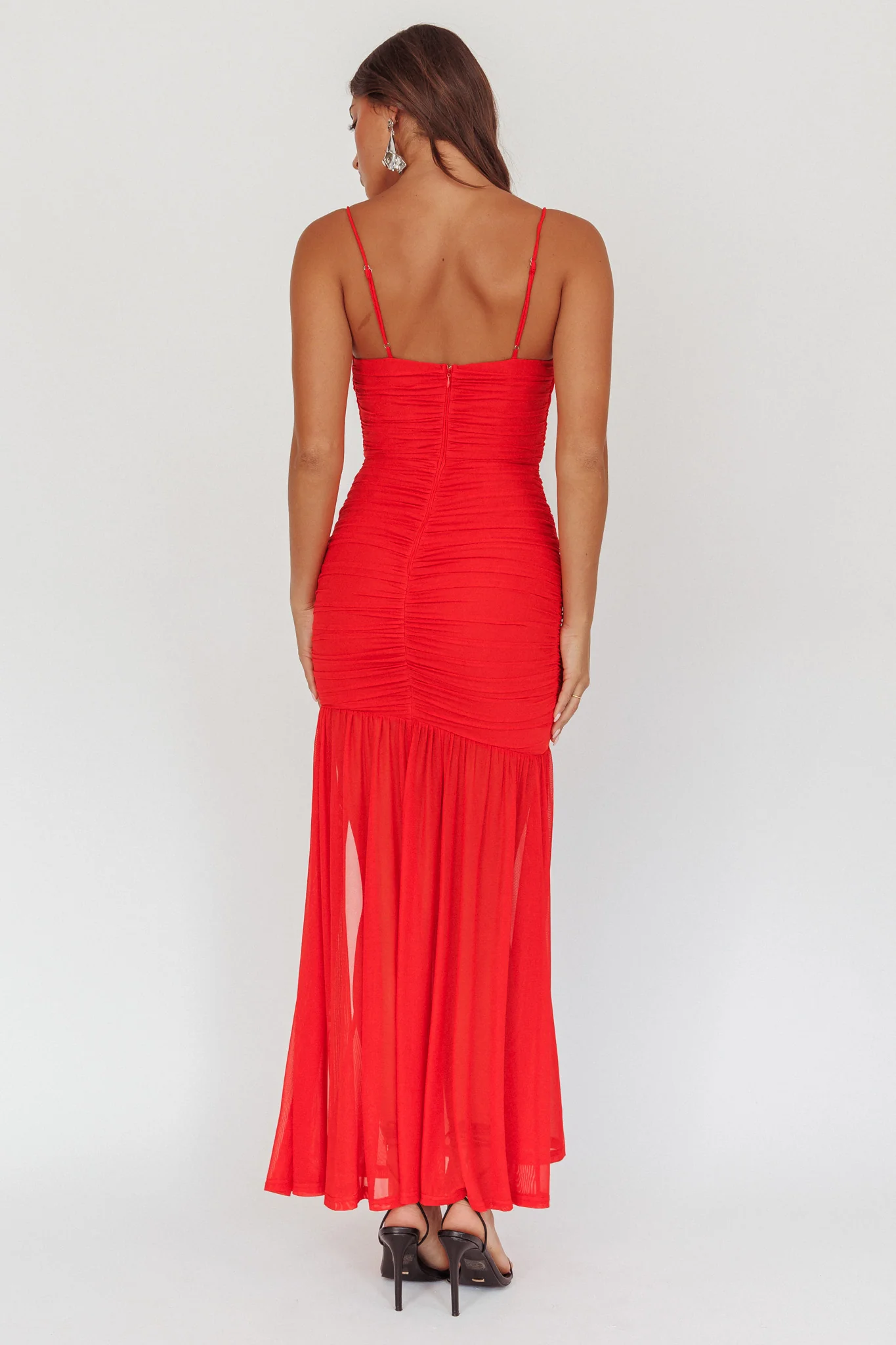 Stole The Show Ruched Mesh Maxi Dress Red