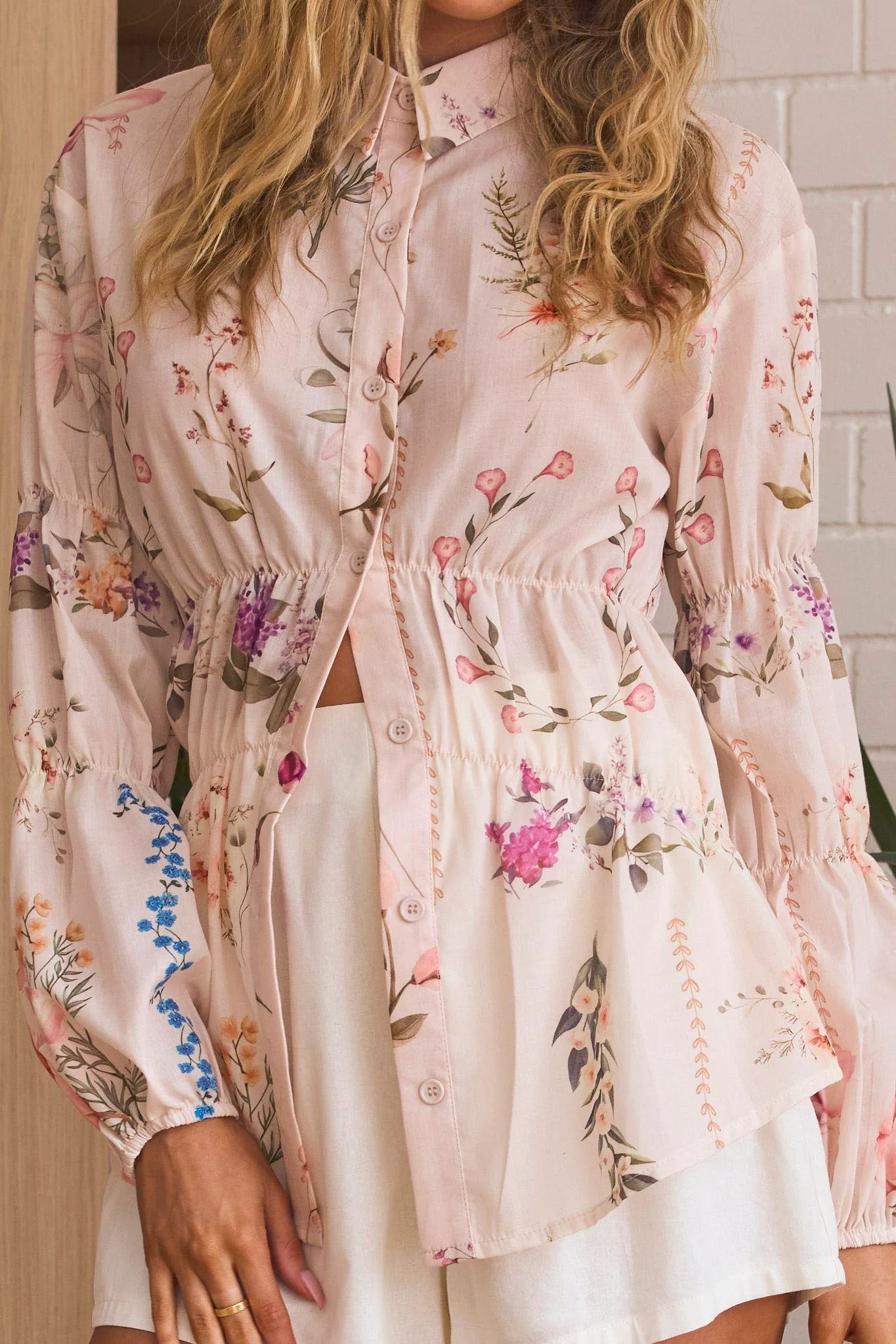 Mirrie Long Sleeve Button Down Top Floral Cream