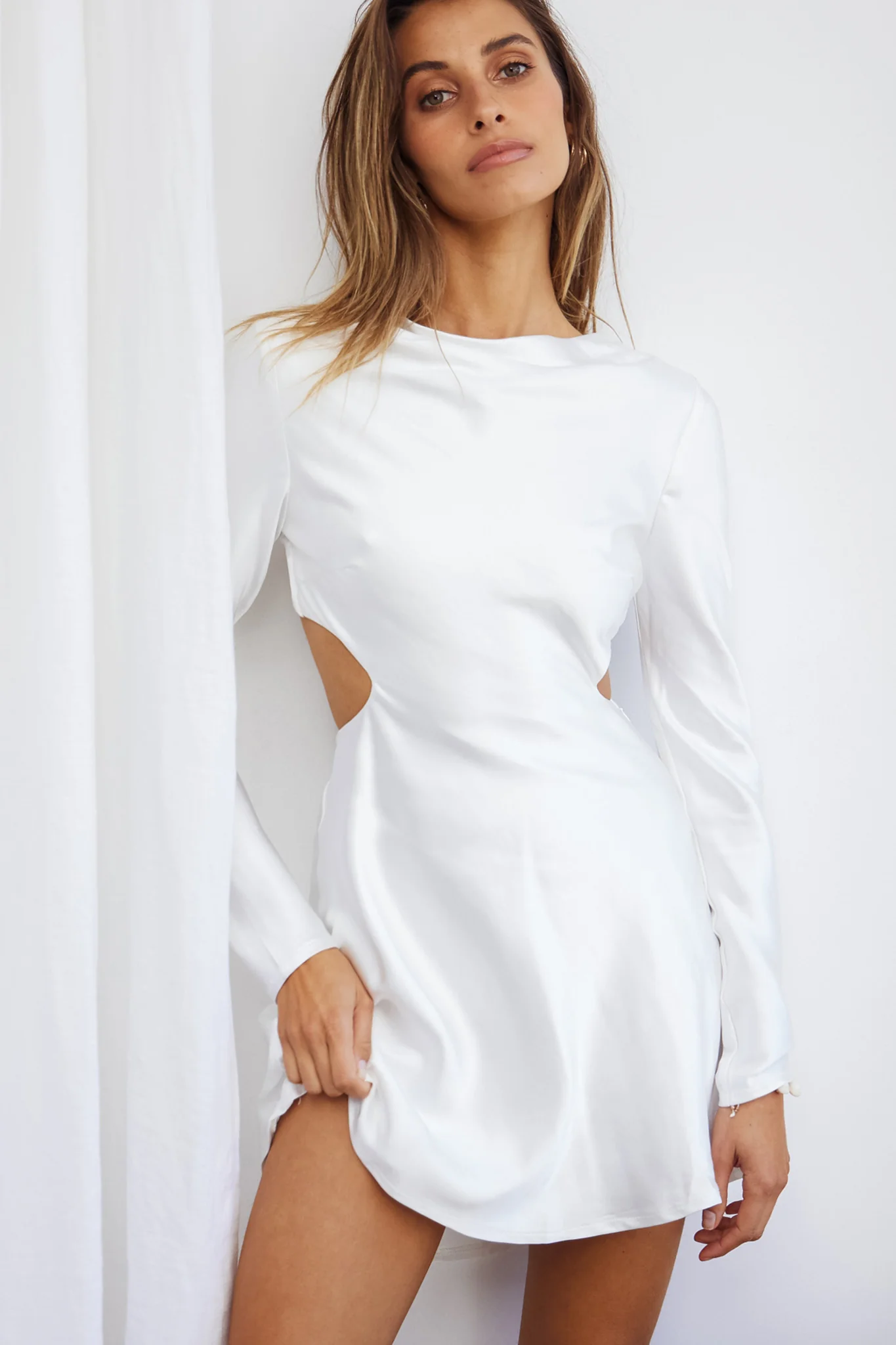 Northern Lights Long Sleeve Open Back Satin Mini Dress Ivory